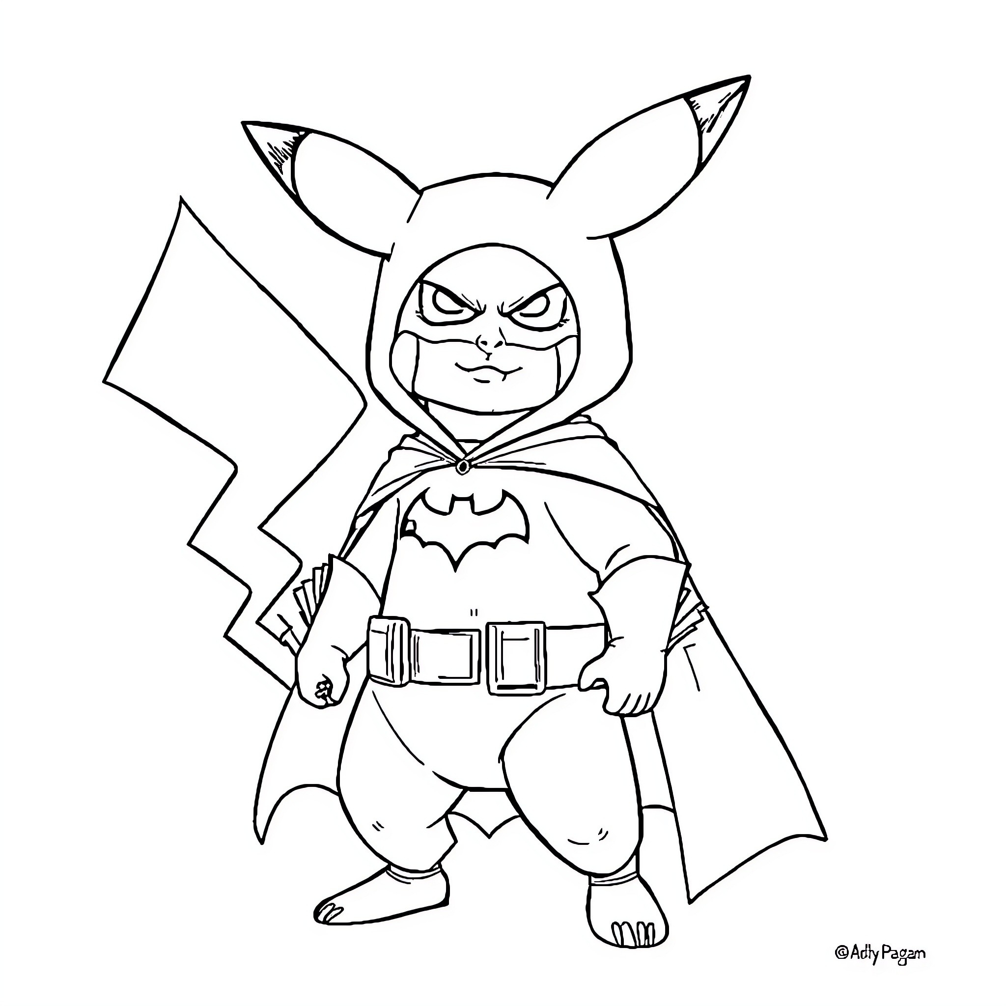 Batman Pikachu in a Superhero Costume Coloring Page (free black-and-white line drawing printable PDF for all, from beginners to advanced learners, including children, teens, adults, and seniors)