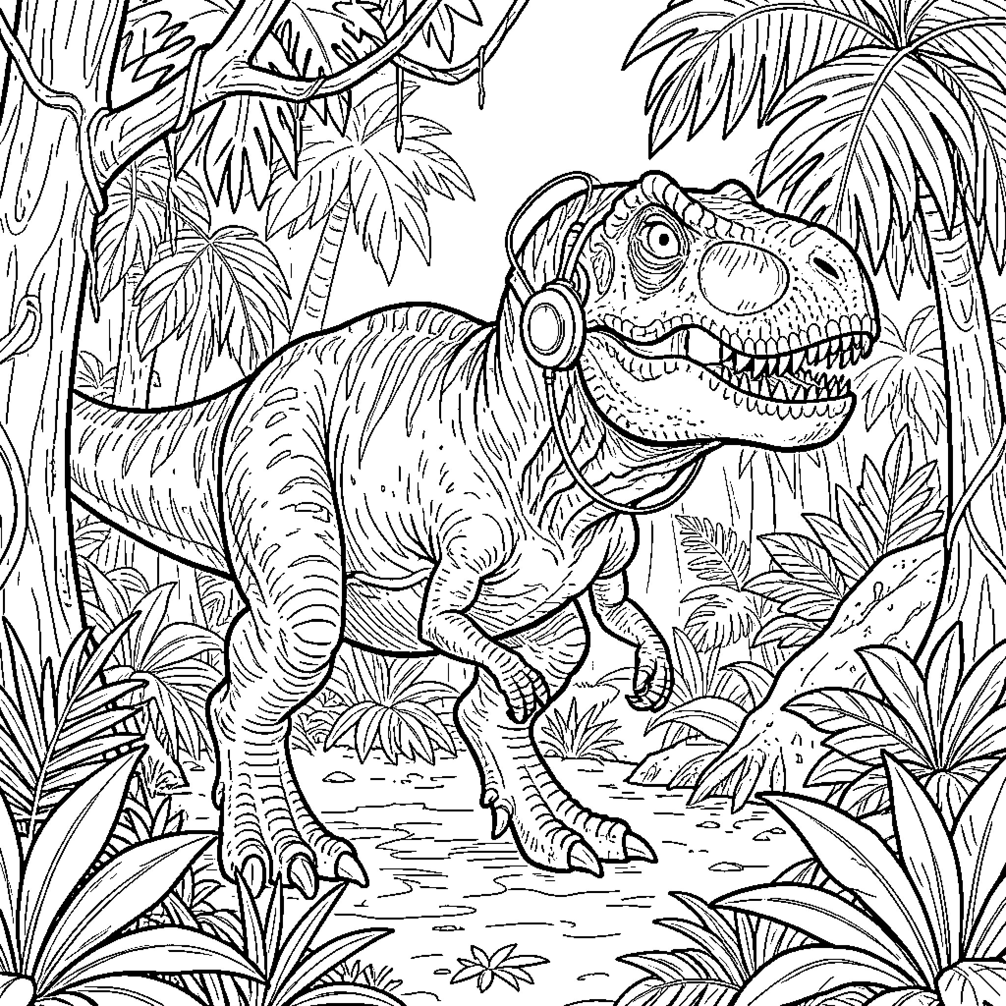 T-Rex roaming through the lush jungle Coloring Page (free black-and-white line drawing printable PDF for all, from beginners to advanced learners, including children, teens, adults, and seniors)