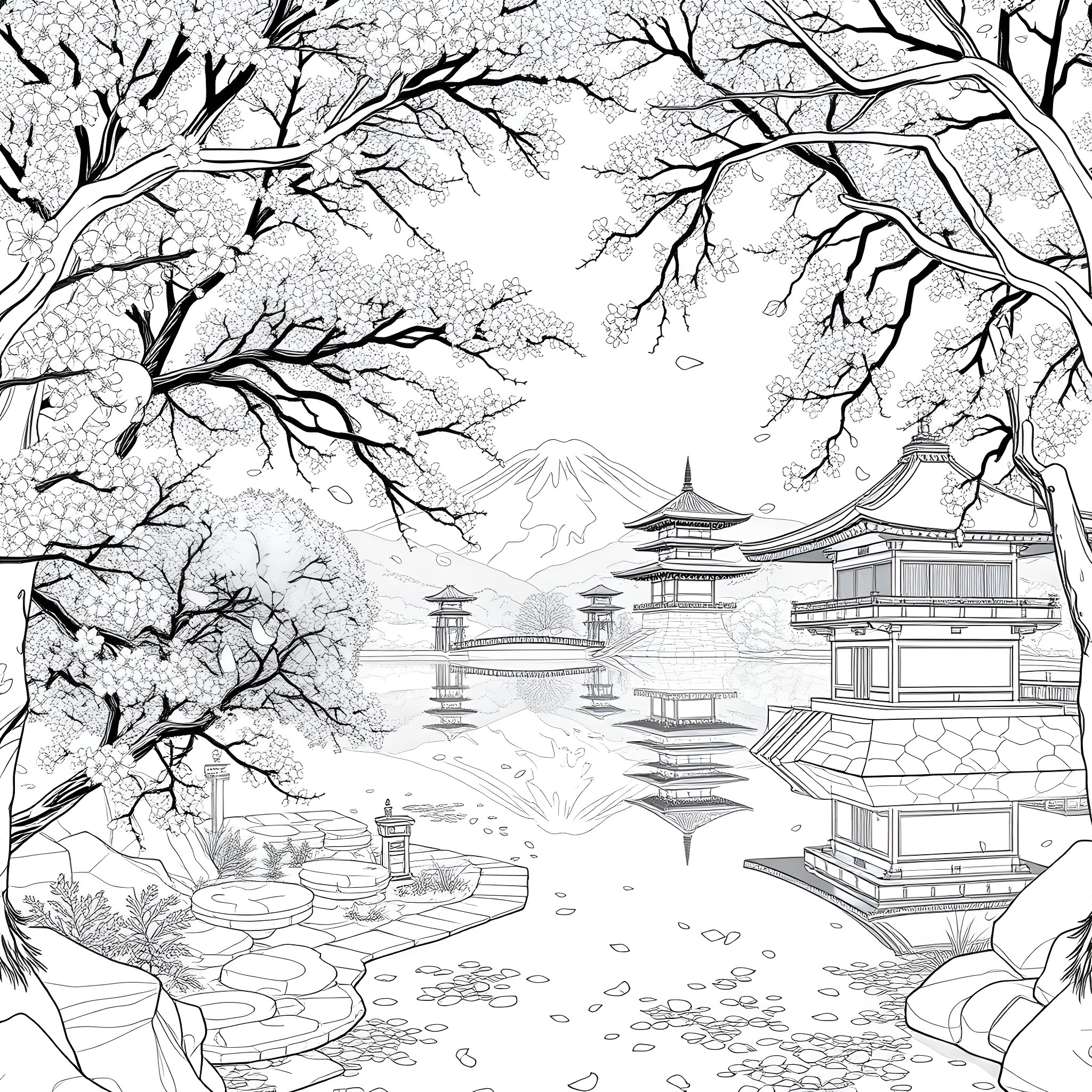 Cherry Blossom Scenic Japanese Landscape with Temples Coloring Page (free black-and-white line drawing printable PDF for all, from beginners to advanced learners, including children, teens, adults, and seniors)