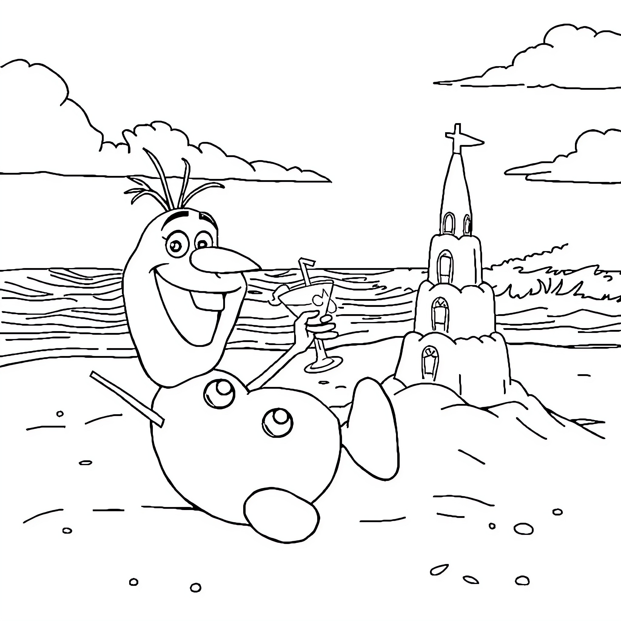 Olaf building a sandcastle by the beach Coloring Page (free black-and-white line drawing printable PDF for all, from beginners to advanced learners, including children, teens, adults, and seniors)