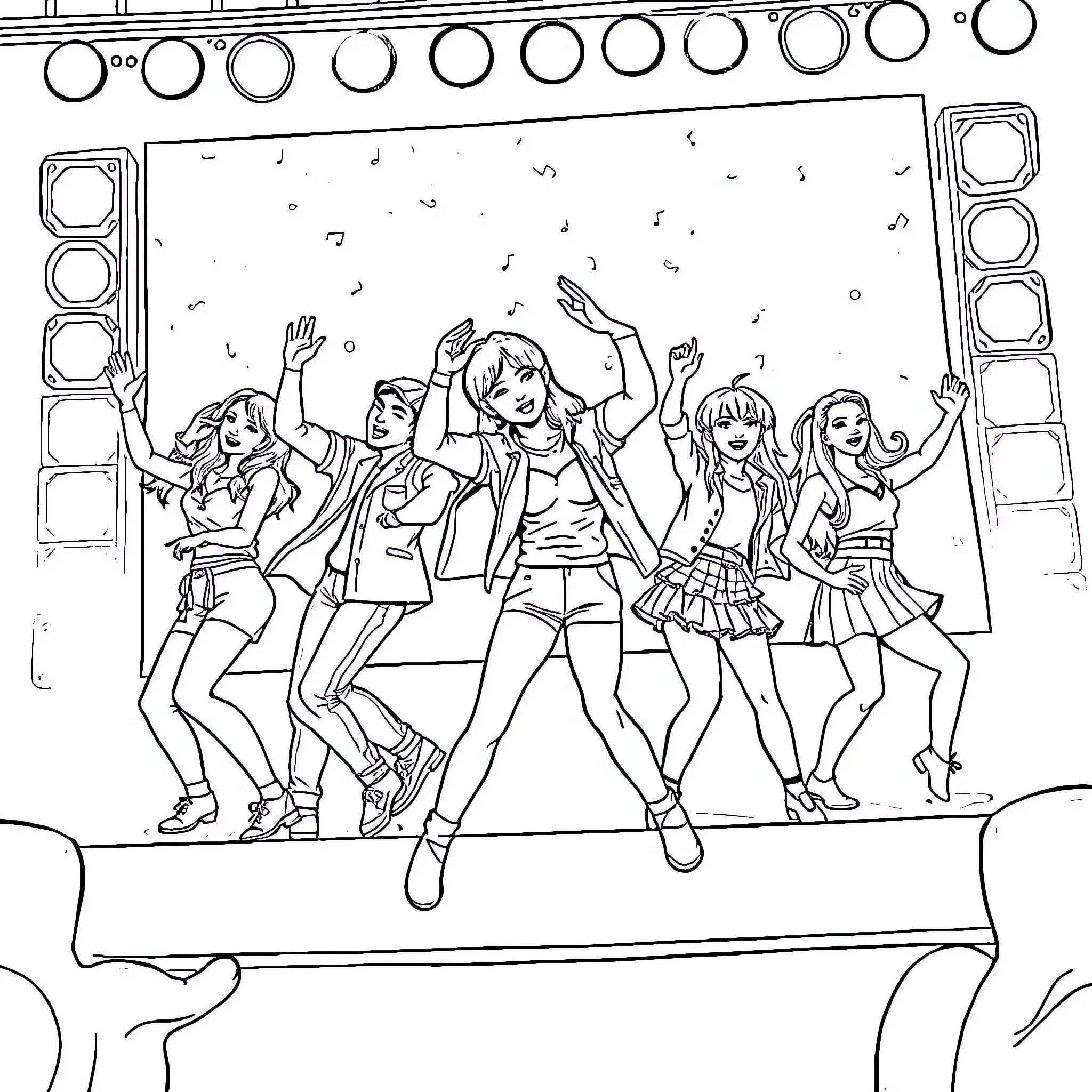 K Pop Group Performing on Stage with Lively Moves Coloring Page (free black-and-white line drawing printable PDF for all, from beginners to advanced learners, including children, teens, adults, and seniors)