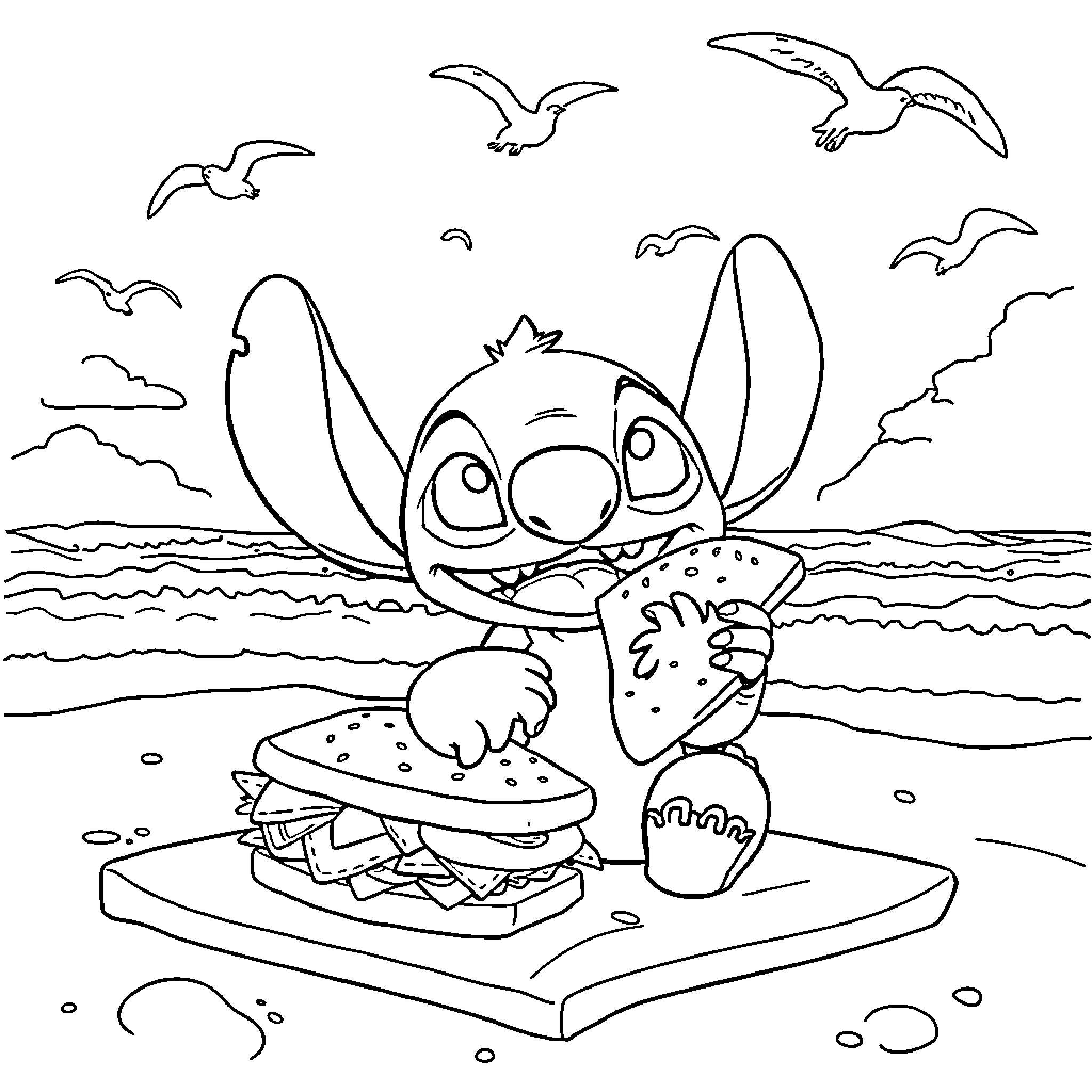 Stitch eating a sandwich on the beach Coloring Page (free black-and-white line drawing printable PDF for all, from beginners to advanced learners, including children, teens, adults, and seniors)