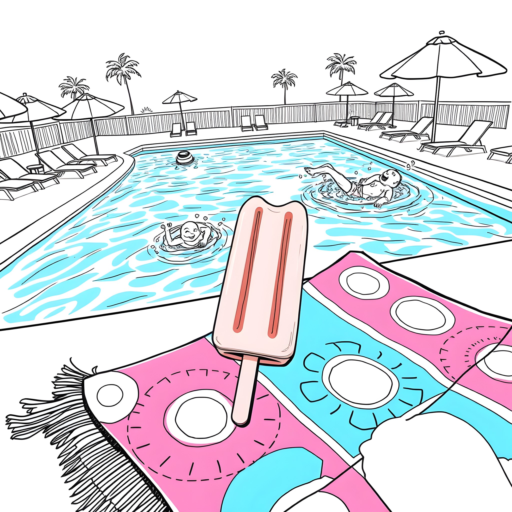 Popsicle fun in the sunny pool Coloring Page (free black-and-white line drawing printable PDF for all, from beginners to advanced learners, including children, teens, adults, and seniors)