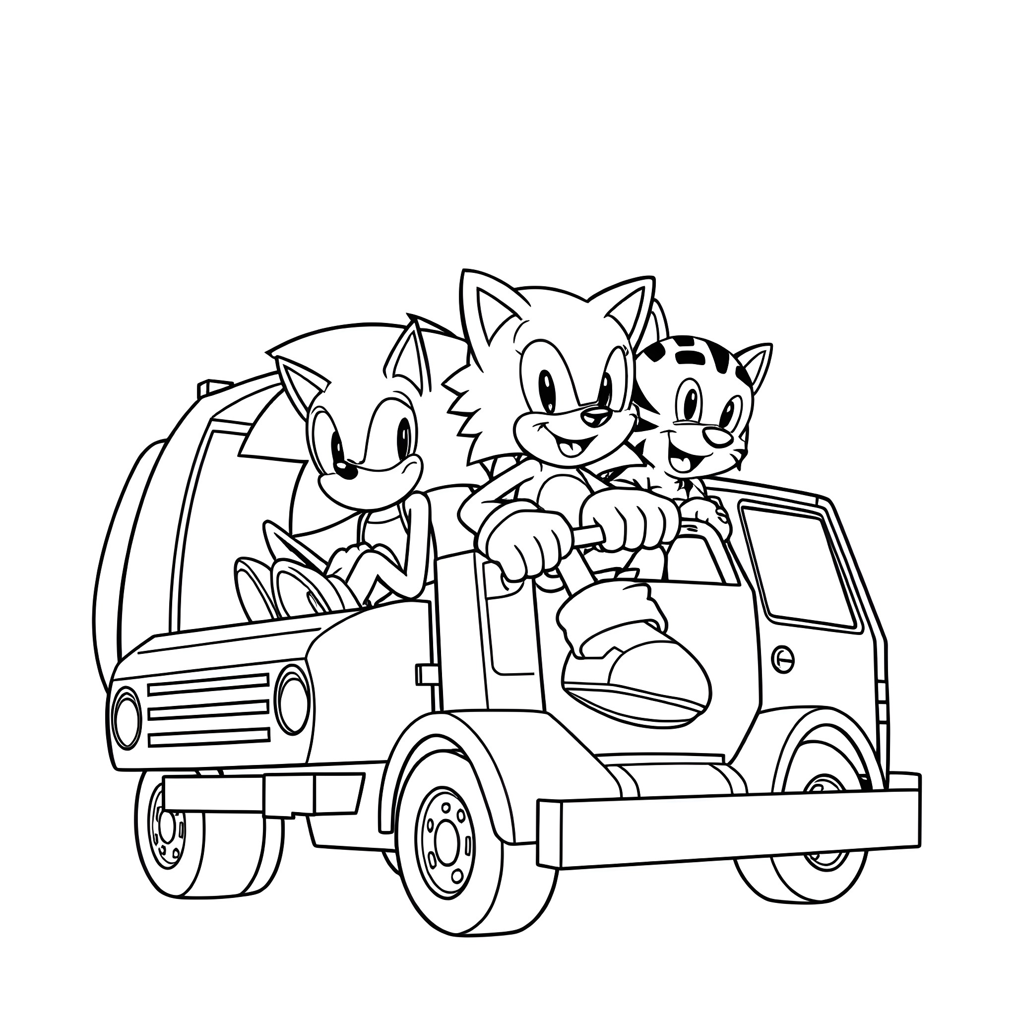 Sonic characters riding in a truck Coloring Page (free black-and-white line drawing printable PDF for all, from beginners to advanced learners, including children, teens, adults, and seniors)