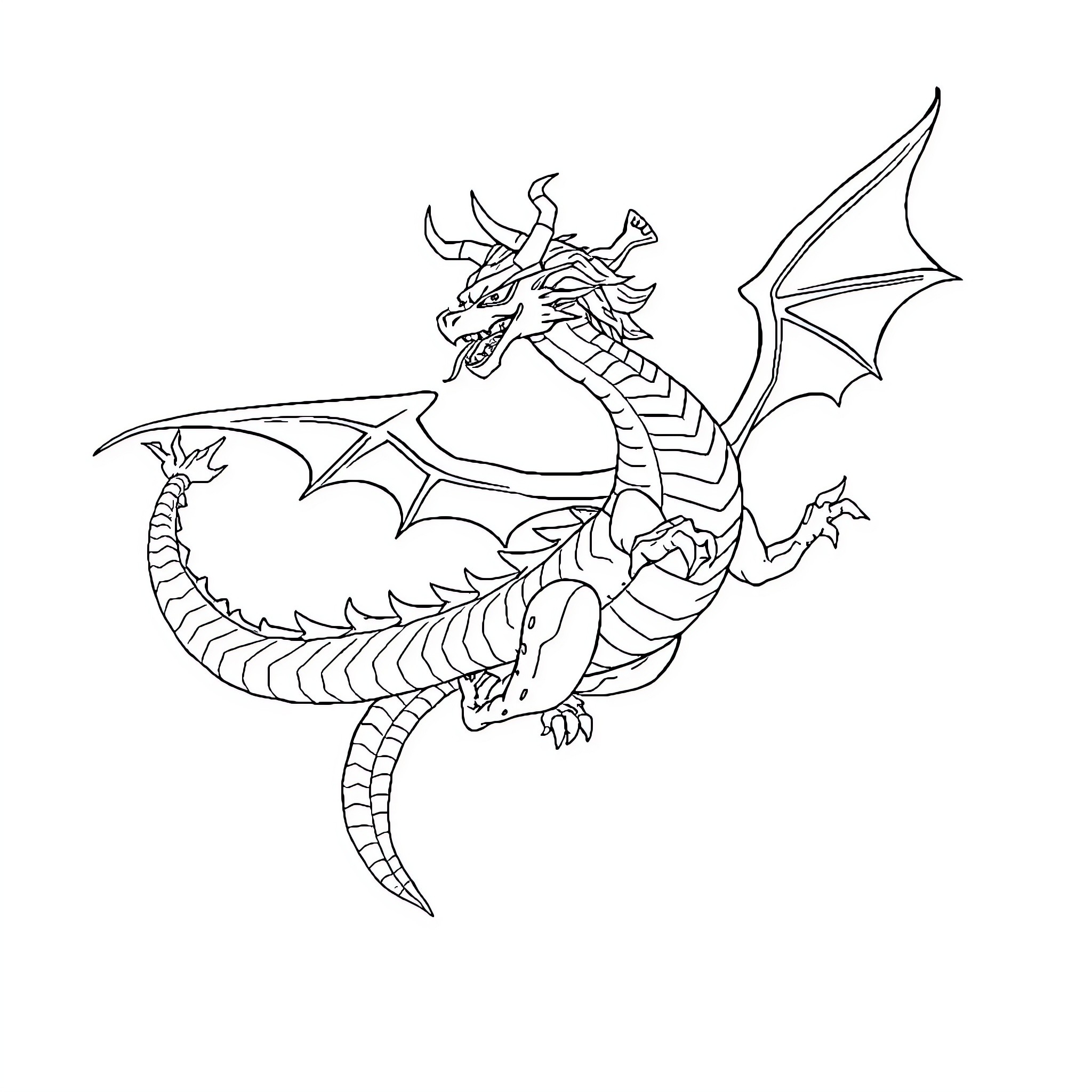 Shenron the Mighty Dragon in Action Coloring Page (free black-and-white line drawing printable PDF for all, from beginners to advanced learners, including children, teens, adults, and seniors)