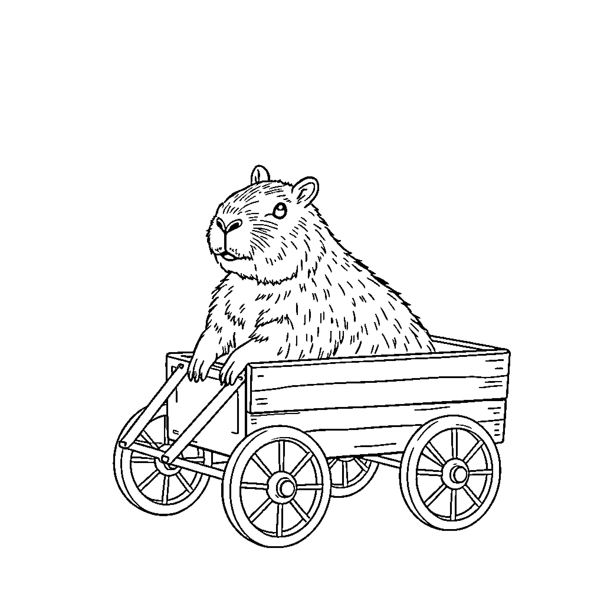 Capybara riding a wooden wagon Coloring Page (free black-and-white line drawing printable PDF for all, from beginners to advanced learners, including children, teens, adults, and seniors)
