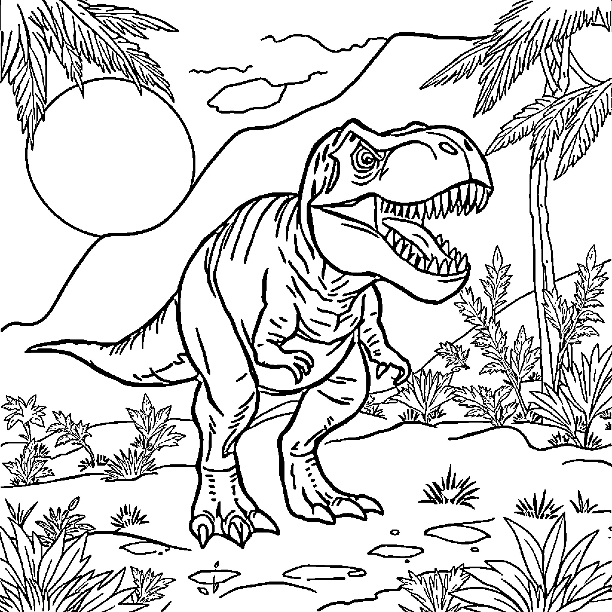 T-Rex Roaring in Prehistoric Jungle Landscape Coloring Page (free black-and-white line drawing printable PDF for all, from beginners to advanced learners, including children, teens, adults, and seniors)