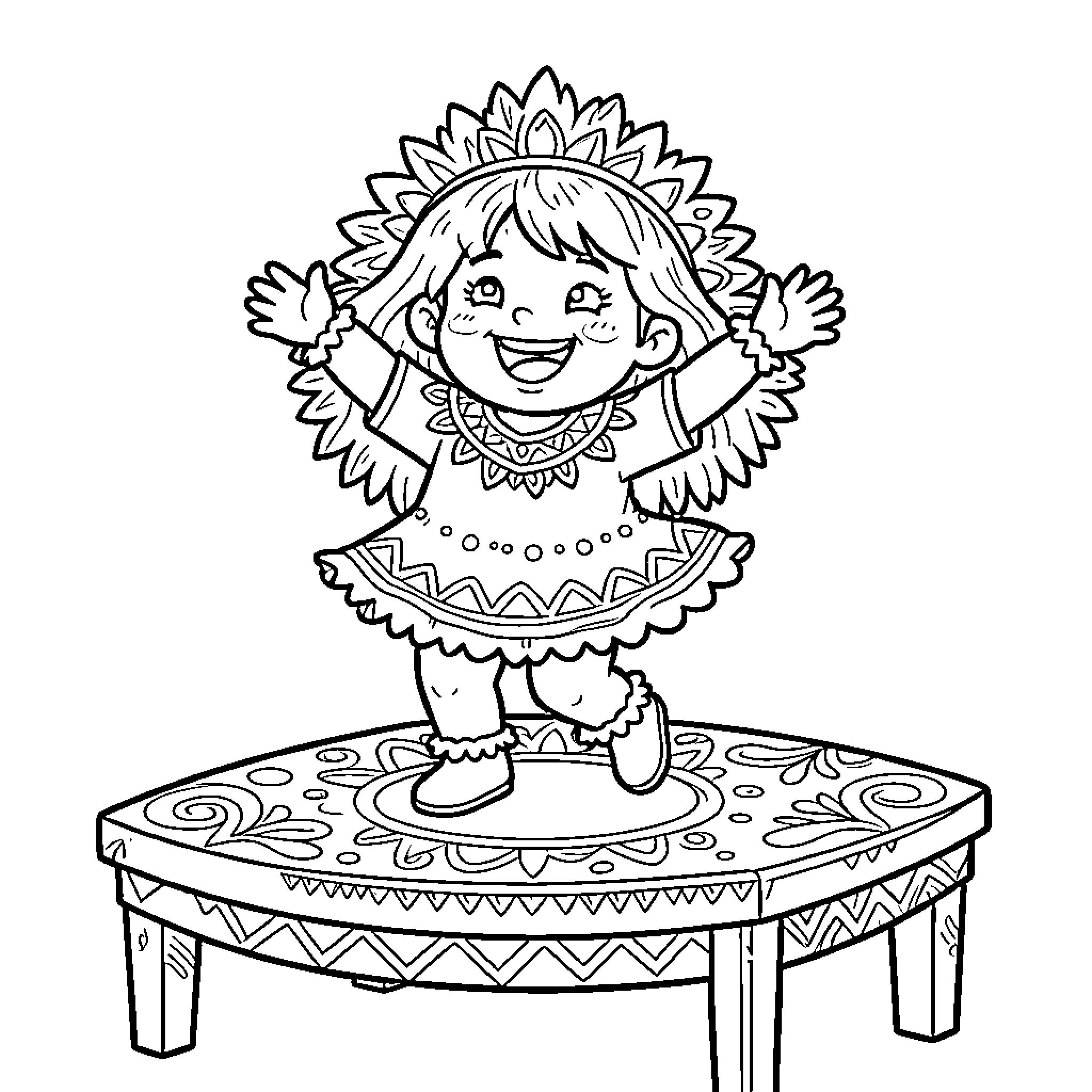 Chilaquil dancing joyfully on patterned platform Coloring Page (free black-and-white line drawing printable PDF for all, from beginners to advanced learners, including children, teens, adults, and seniors)