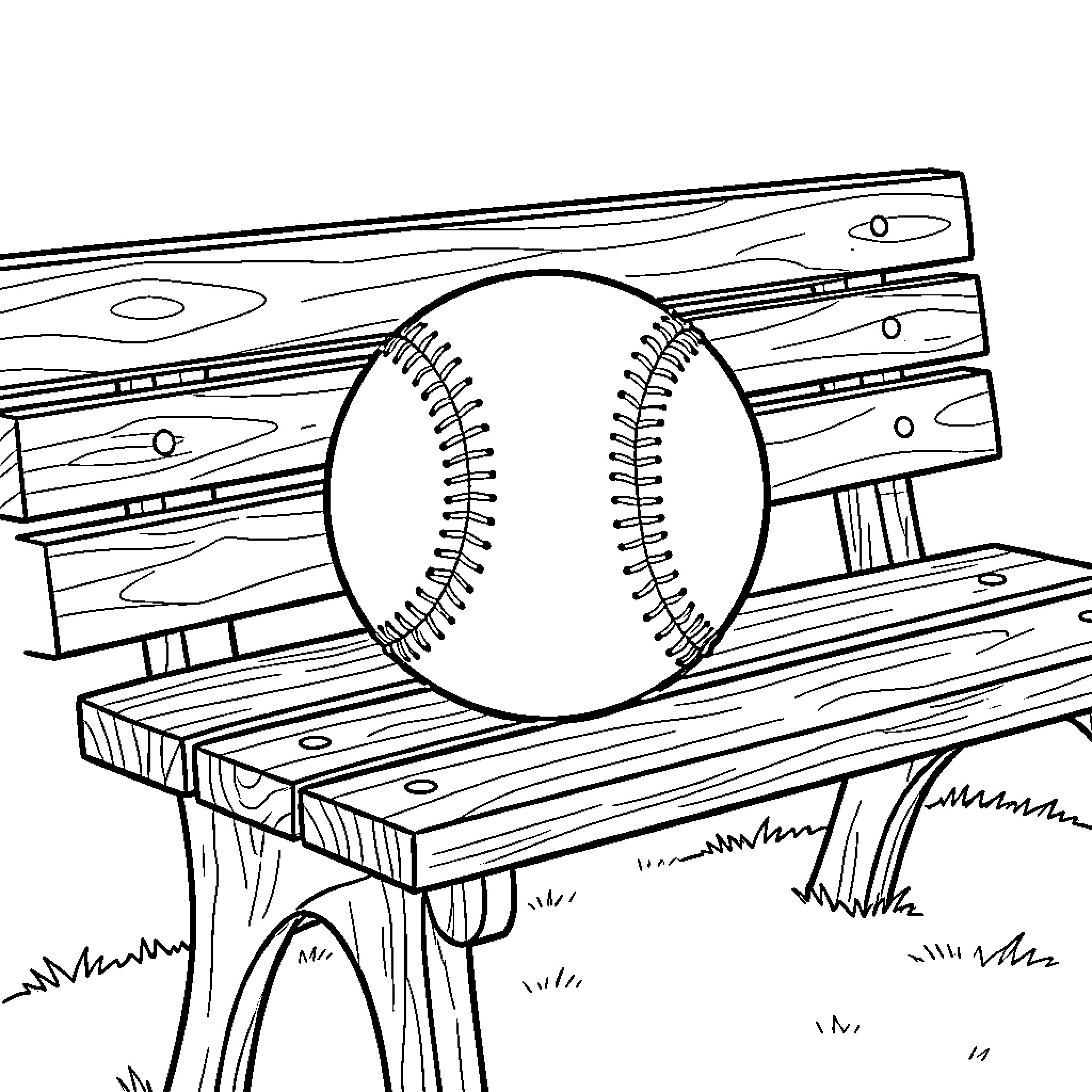 Baseball game equipment on wooden bench Coloring Page (free black-and-white line drawing printable PDF for all, from beginners to advanced learners, including children, teens, adults, and seniors)