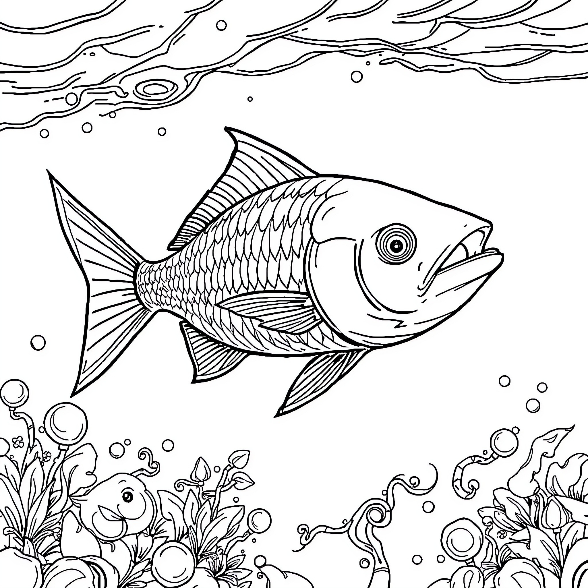 Fish swimming amidst underwater plants and bubbles Coloring Page (free black-and-white line drawing printable PDF for all, from beginners to advanced learners, including children, teens, adults, and seniors)