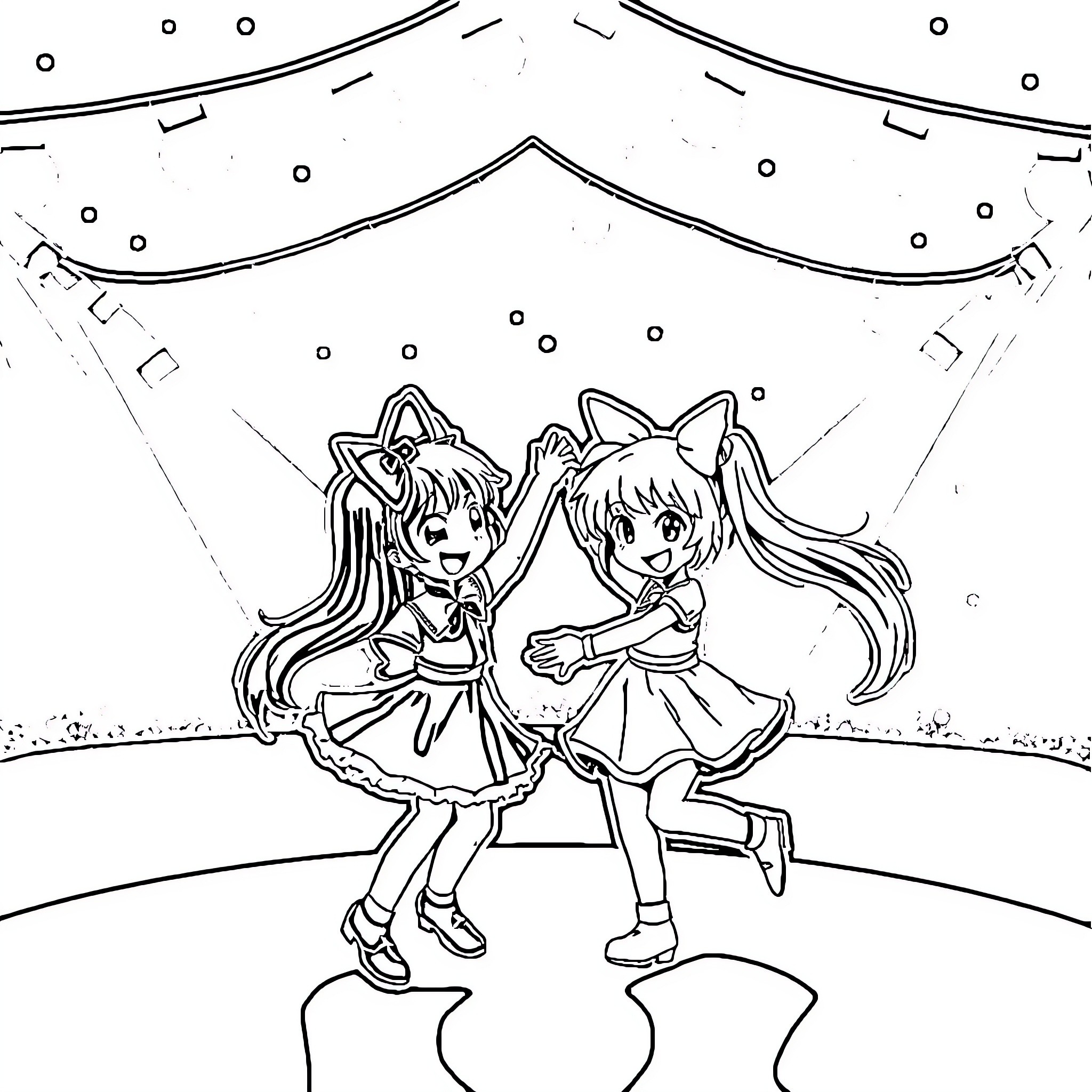 Kiki's Joyful Dance on Stage Coloring Page (free black-and-white line drawing printable PDF for all, from beginners to advanced learners, including children, teens, adults, and seniors)