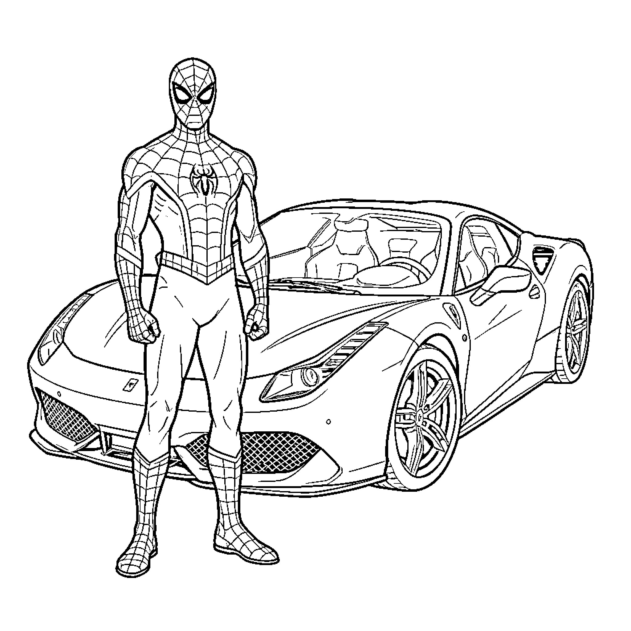 Spider-Man standing heroically next to a sports car Coloring Page (free black-and-white line drawing printable PDF for all, from beginners to advanced learners, including children, teens, adults, and seniors)