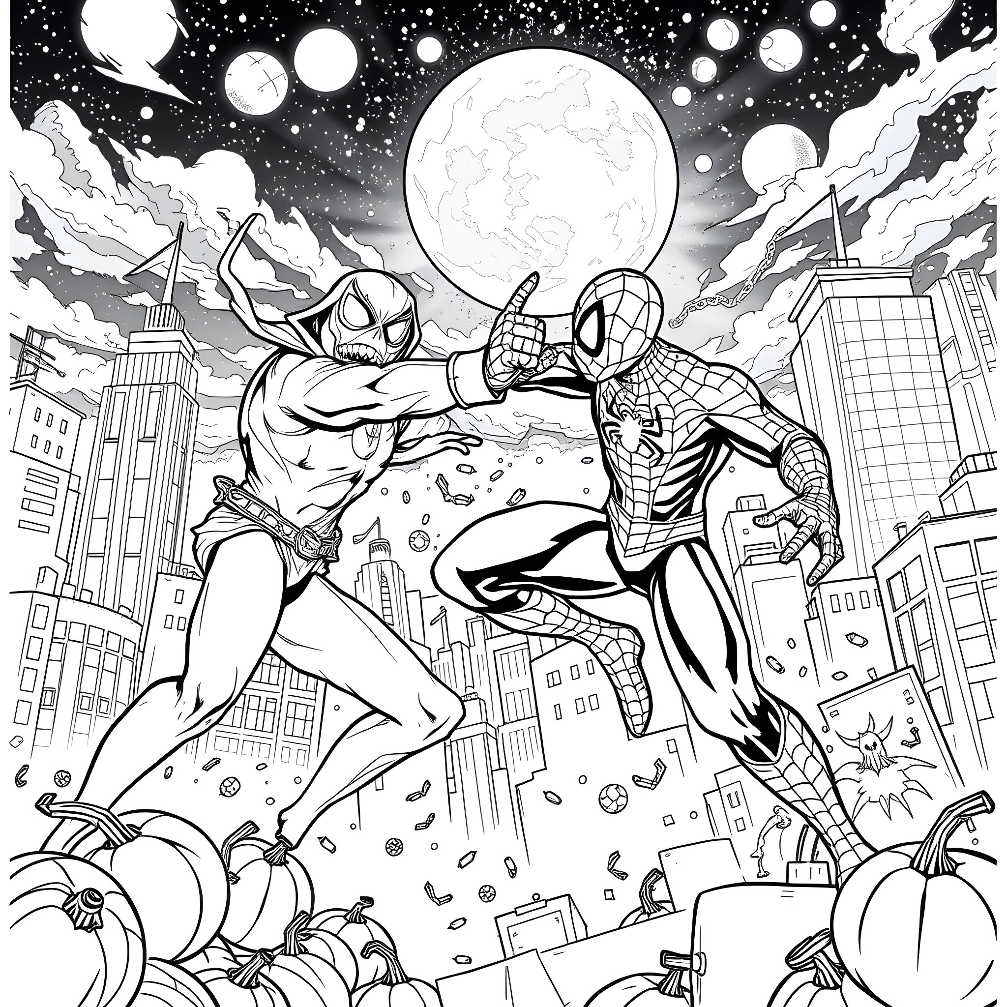 Spider-Man battling villains in an action-packed scene Coloring Page (free black-and-white line drawing printable PDF for all, from beginners to advanced learners, including children, teens, adults, and seniors)