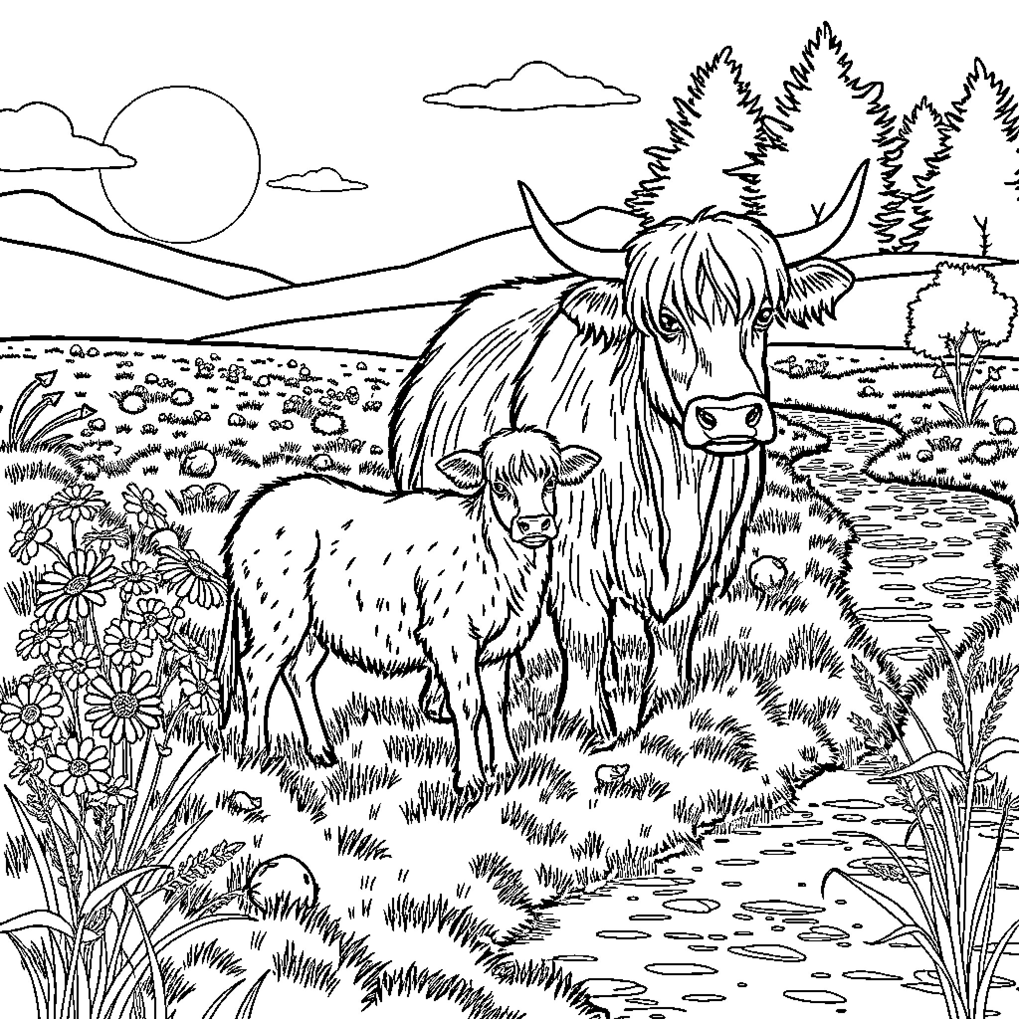 Highland Cows grazing peacefully in a pastoral landscape Coloring Page (free black-and-white line drawing printable PDF for all, from beginners to advanced learners, including children, teens, adults, and seniors)