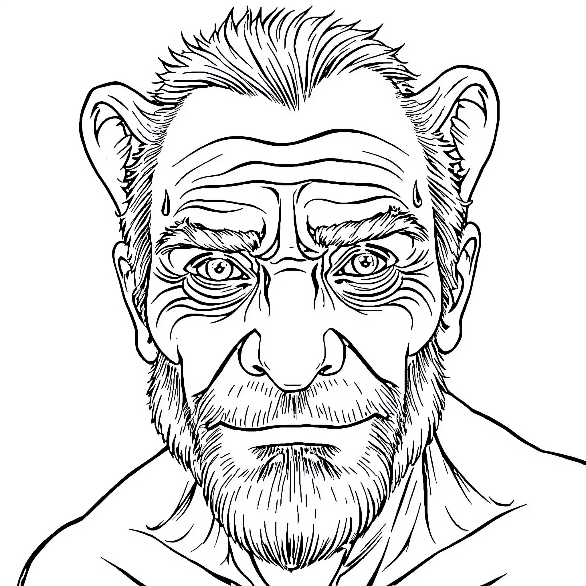 Elder's Weathered Face and Pensive Expression Coloring Page (free black-and-white line drawing printable PDF for all, from beginners to advanced learners, including children, teens, adults, and seniors)