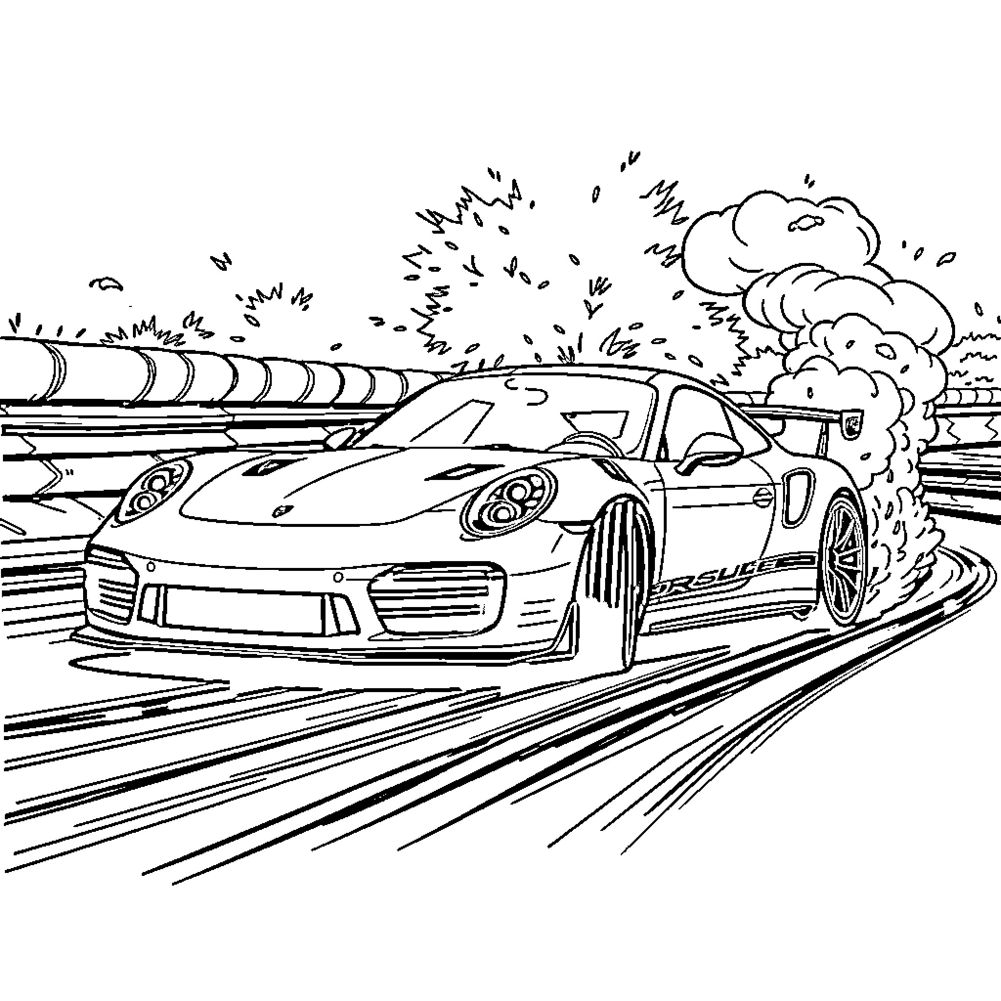 Porsche racing at high speed with smoke and motion blur Coloring Page (free black-and-white line drawing printable PDF for all, from beginners to advanced learners, including children, teens, adults, and seniors)