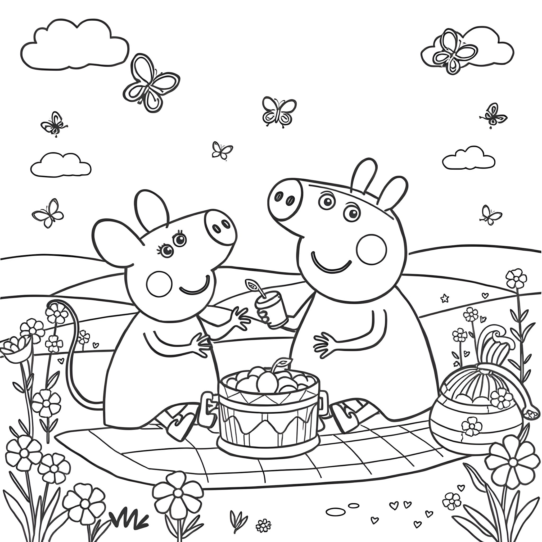 Mouse characters enjoying picnic in the floral meadow Coloring Page (free black-and-white line drawing printable PDF for all, from beginners to advanced learners, including children, teens, adults, and seniors)