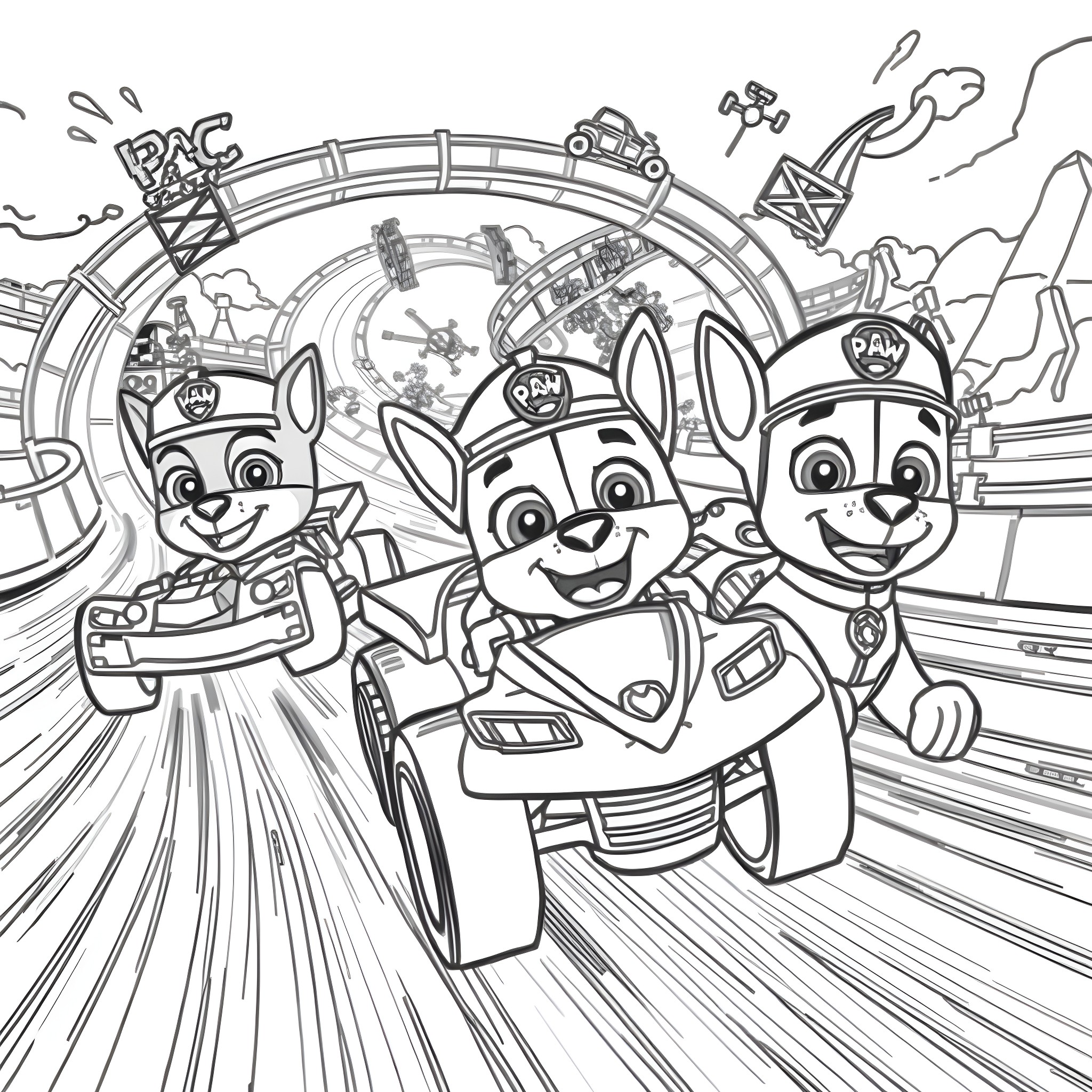 Paw Patrol Rescuers on an Exciting Adventure Coloring Page (free black-and-white line drawing printable PDF for all, from beginners to advanced learners, including children, teens, adults, and seniors)