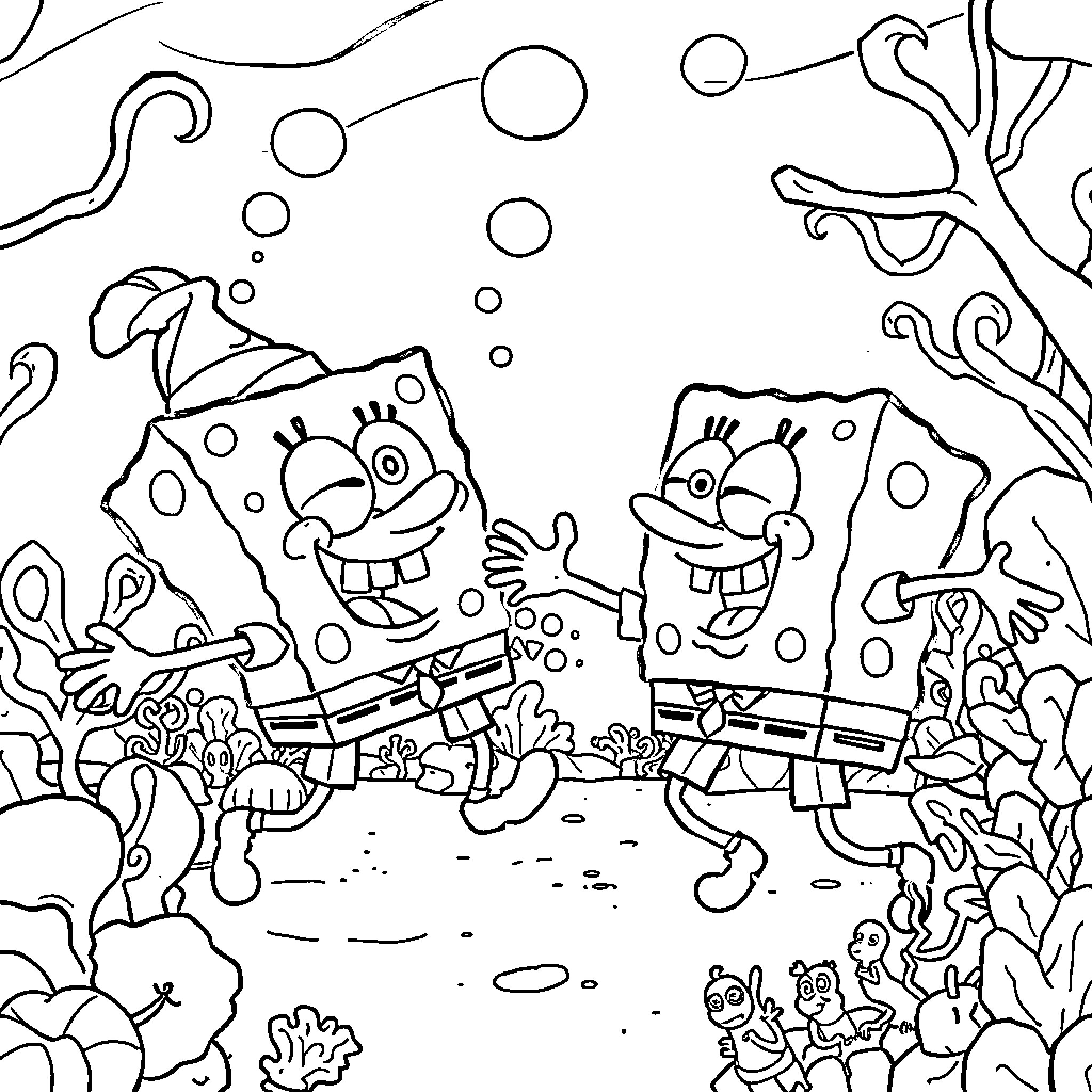 Spongebob and Friends in Underwater Adventure Coloring Page (free black-and-white line drawing printable PDF for all, from beginners to advanced learners, including children, teens, adults, and seniors)
