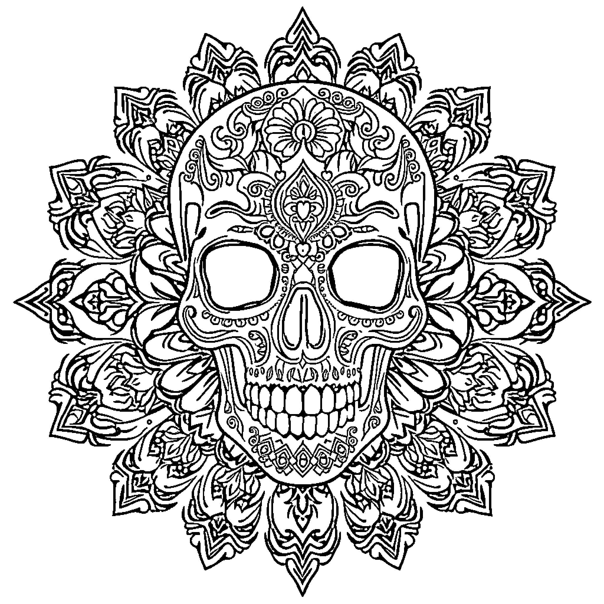 Skull with intricate floral patterns Coloring Page (free black-and-white line drawing printable PDF for all, from beginners to advanced learners, including children, teens, adults, and seniors)