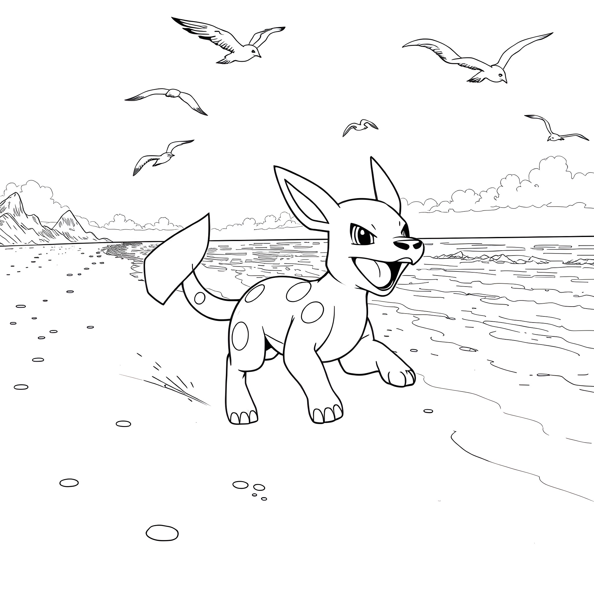 Stoutland frolicking by the seaside Coloring Page (free black-and-white line drawing printable PDF for all, from beginners to advanced learners, including children, teens, adults, and seniors)