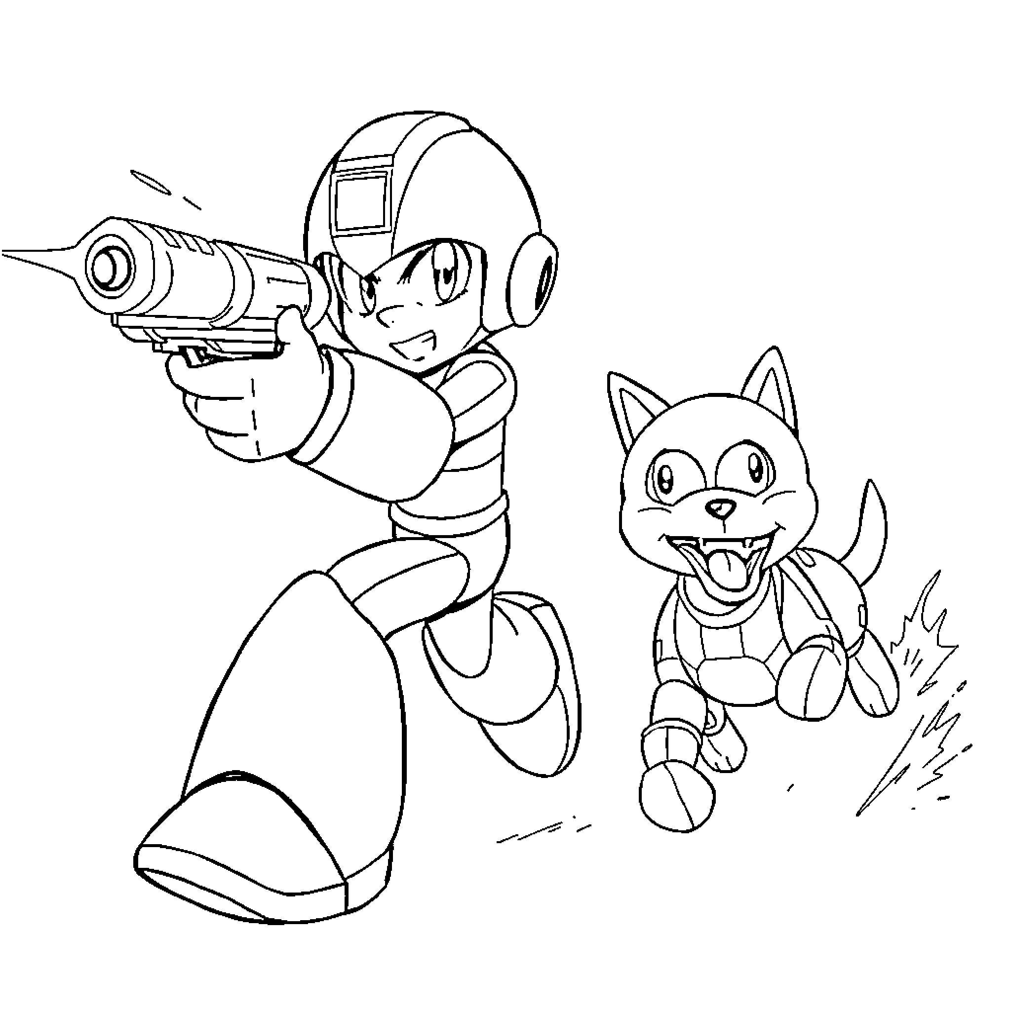 Megaman and Robot Cat in Action Sequence Coloring Page (free black-and-white line drawing printable PDF for all, from beginners to advanced learners, including children, teens, adults, and seniors)
