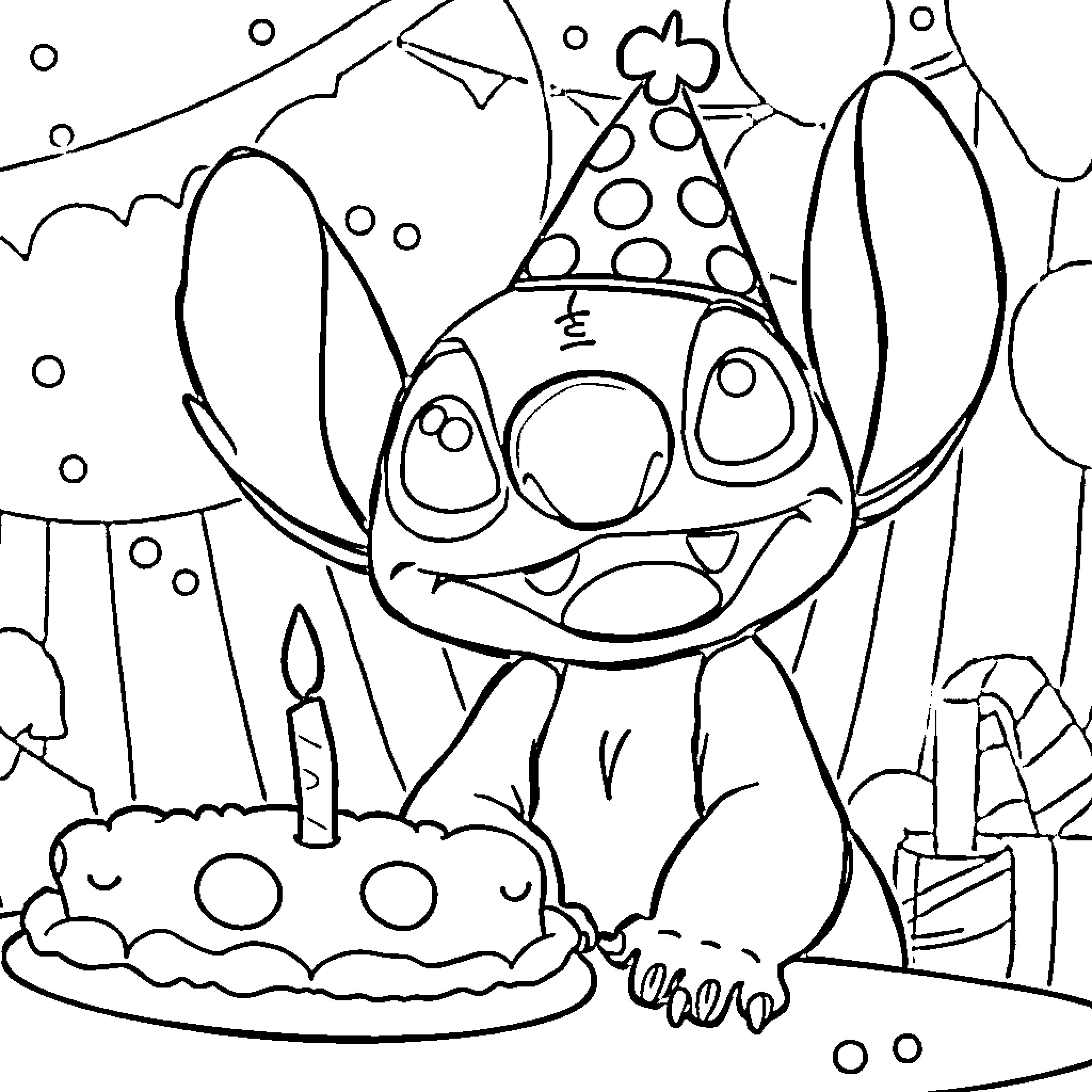 Stitch celebrating birthday with cake and party hat Coloring Page (free black-and-white line drawing printable PDF for all, from beginners to advanced learners, including children, teens, adults, and seniors)
