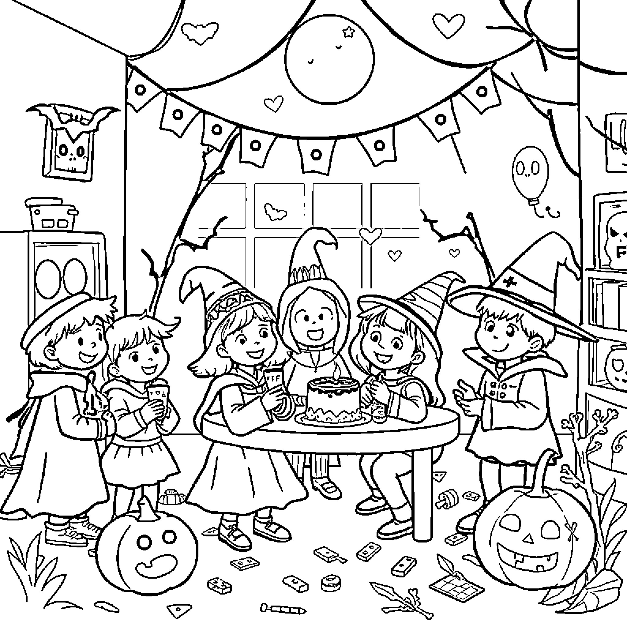 Halloween Party with Costumed Children Coloring Page (free black-and-white line drawing printable PDF for all, from beginners to advanced learners, including children, teens, adults, and seniors)