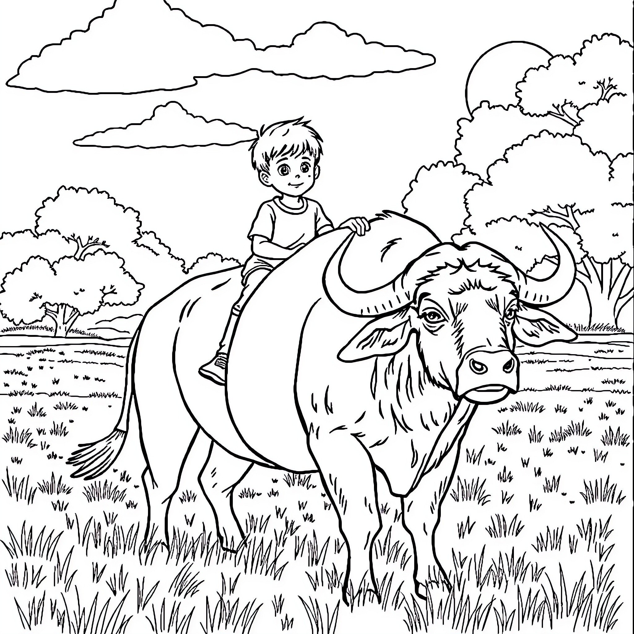 Boy riding on the back of a buffalo in the countryside Coloring Page (free black-and-white line drawing printable PDF for all, from beginners to advanced learners, including children, teens, adults, and seniors)