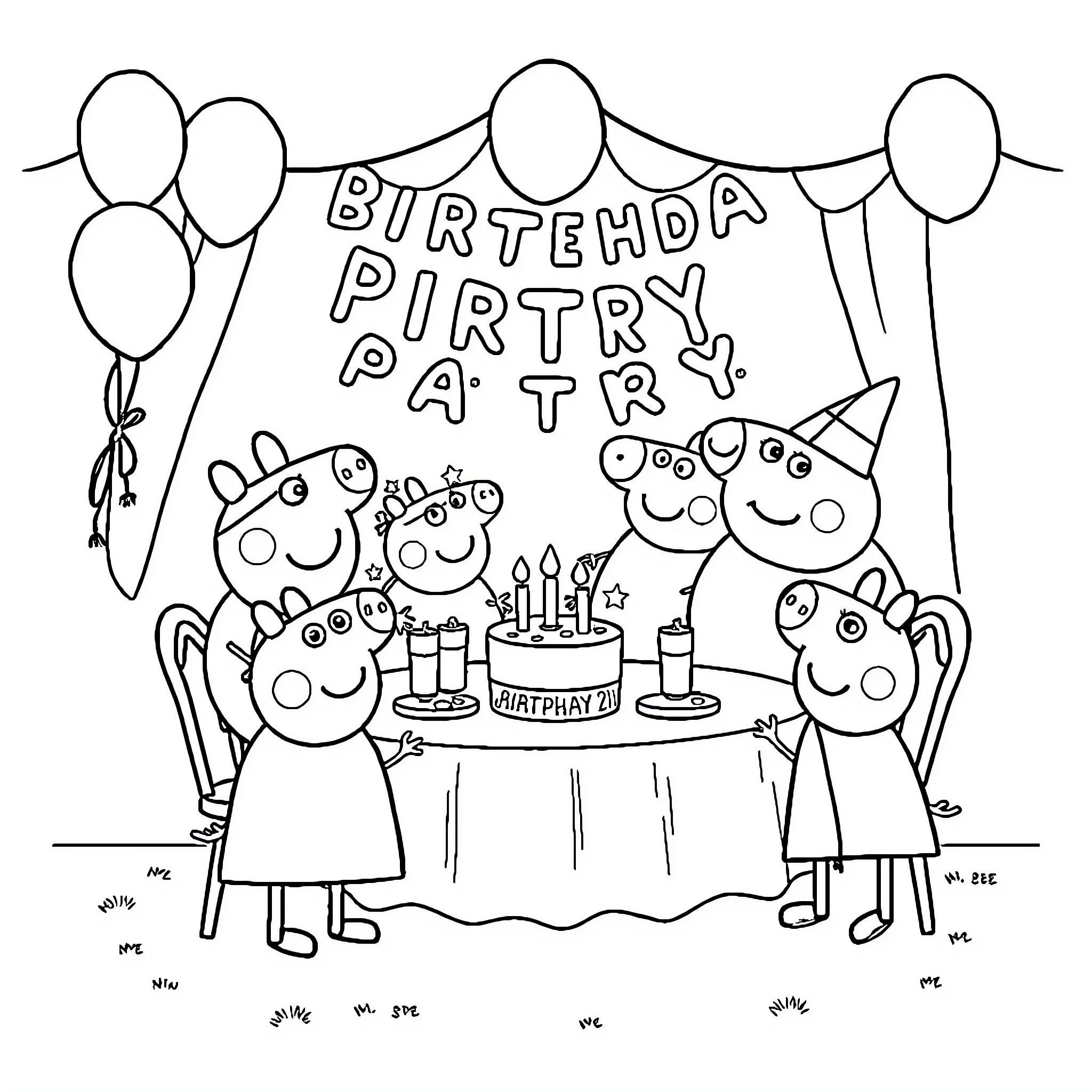 Peppa Pig celebrating birthday party with friends Coloring Page (free black-and-white line drawing printable PDF for all, from beginners to advanced learners, including children, teens, adults, and seniors)