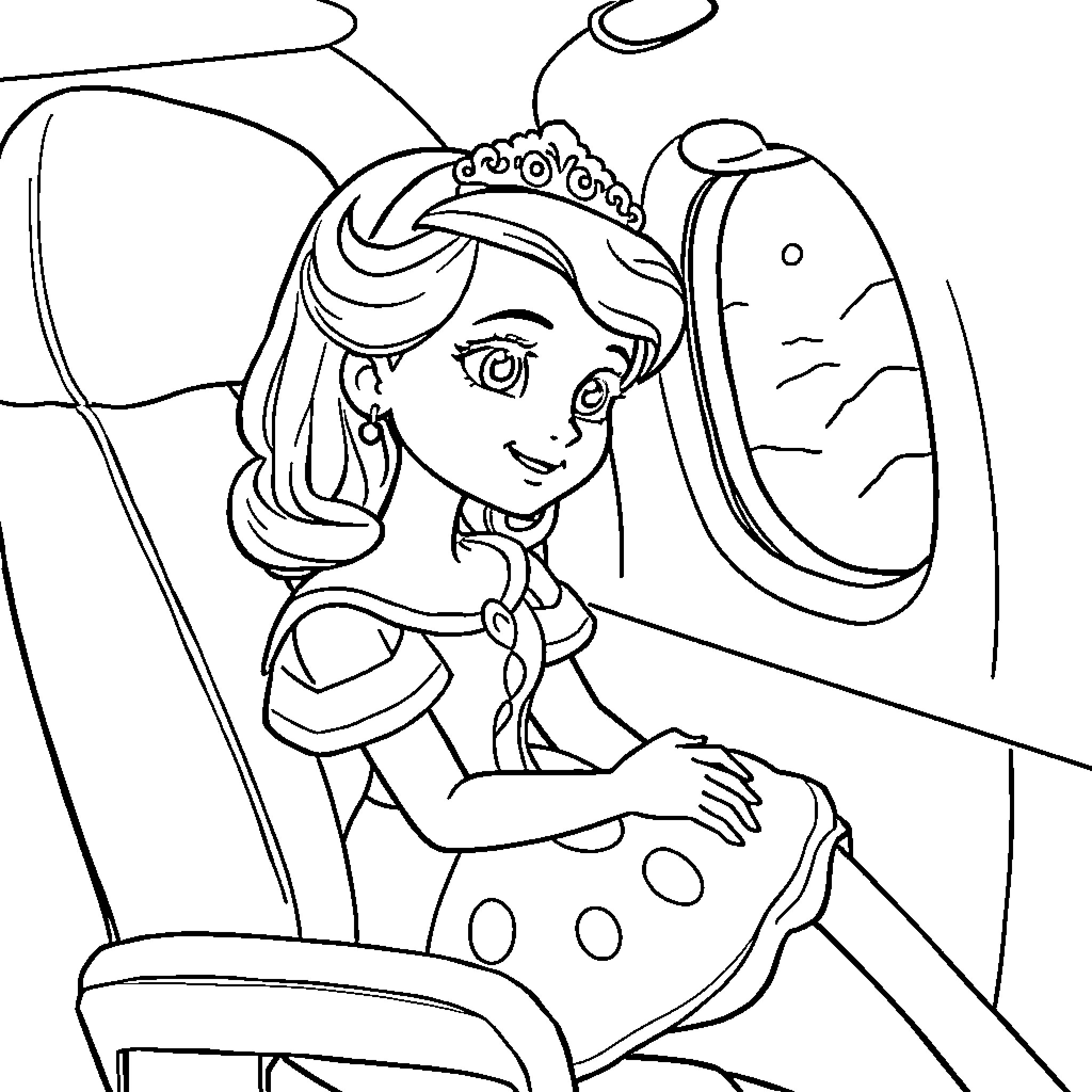 Princess Sofia sitting gracefully in a vehicle seat Coloring Page (free black-and-white line drawing printable PDF for all, from beginners to advanced learners, including children, teens, adults, and seniors)