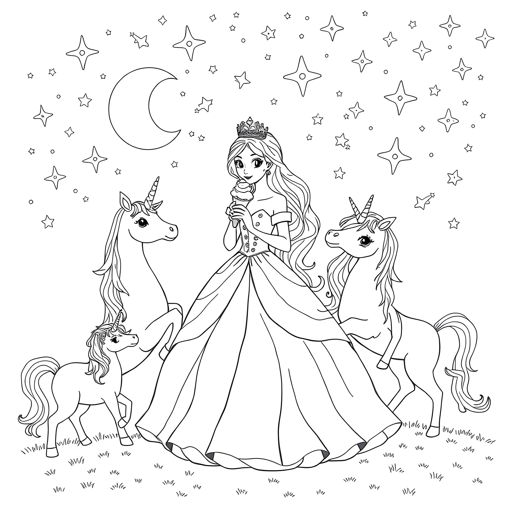 Princess playing with unicorns under the starry night Coloring Page (free black-and-white line drawing printable PDF for all, from beginners to advanced learners, including children, teens, adults, and seniors)