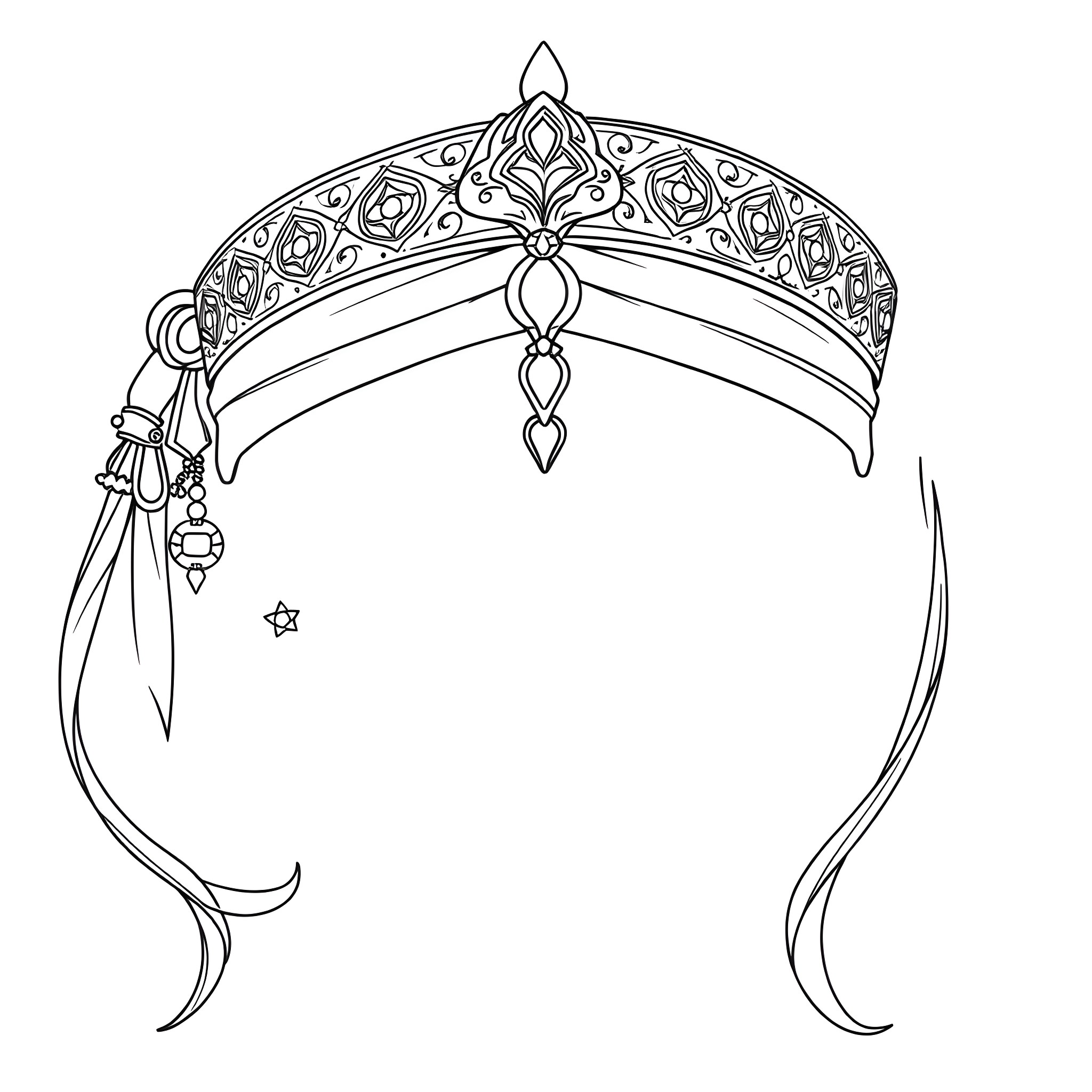 Aladdin's Enchanted Crown and Flowing Garment Coloring Page (free black-and-white line drawing printable PDF for all, from beginners to advanced learners, including children, teens, adults, and seniors)