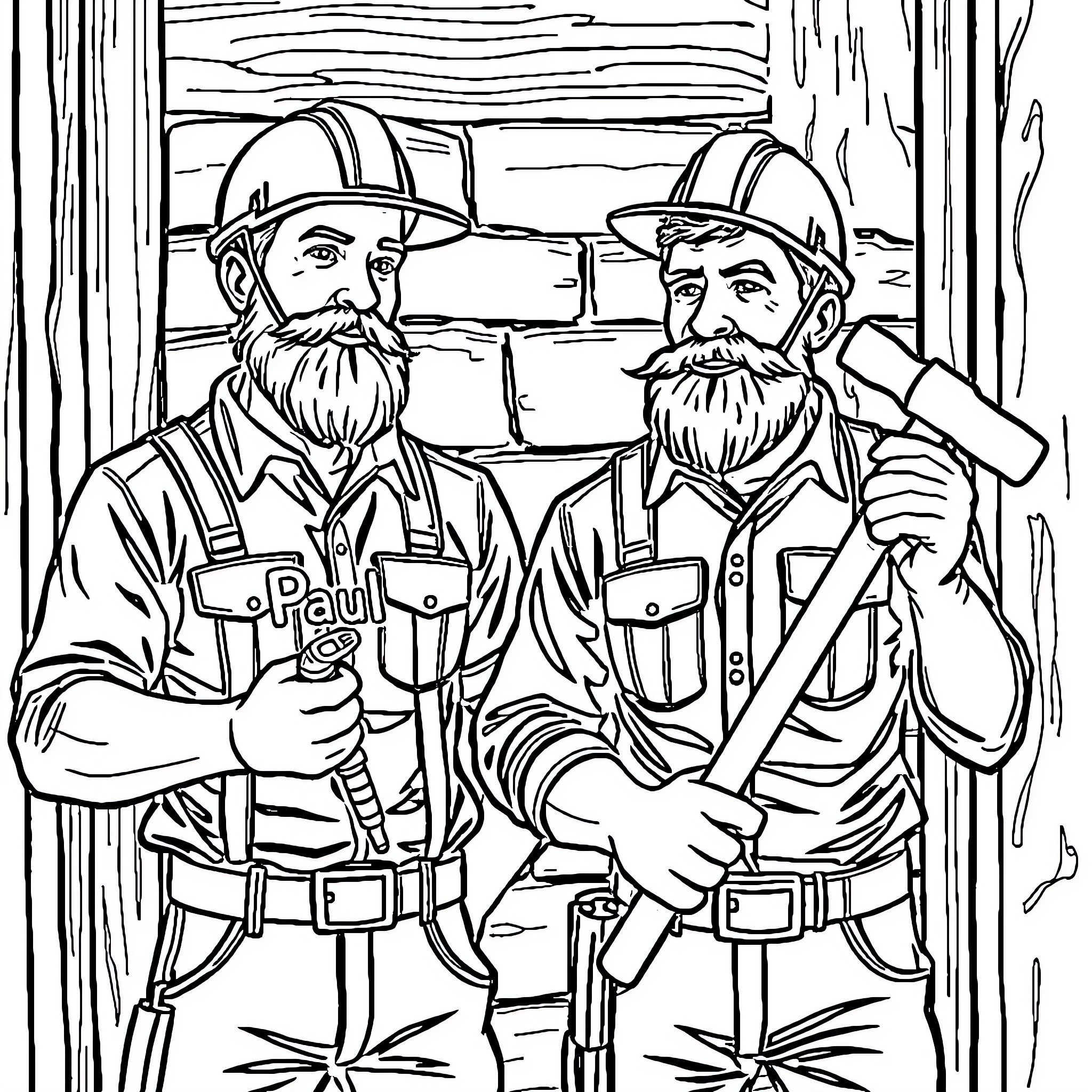 Construction Workers Collaborating on a Project Coloring Page (free black-and-white line drawing printable PDF for all, from beginners to advanced learners, including children, teens, adults, and seniors)