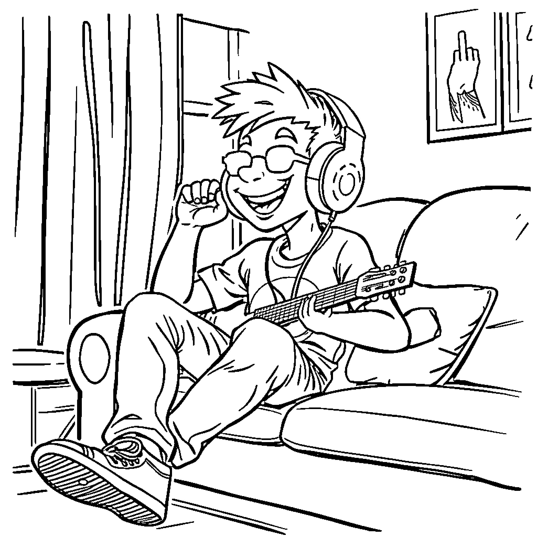 Huntrix playing guitar happily in his bedroom Coloring Page (free black-and-white line drawing printable PDF for all, from beginners to advanced learners, including children, teens, adults, and seniors)