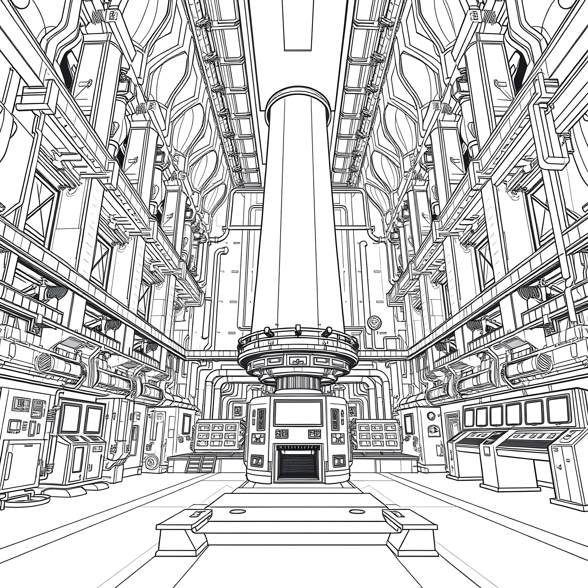 Nuclear Reactor Control Room with Complex Engineering Coloring Page (free black-and-white line drawing printable PDF for all, from beginners to advanced learners, including children, teens, adults, and seniors)