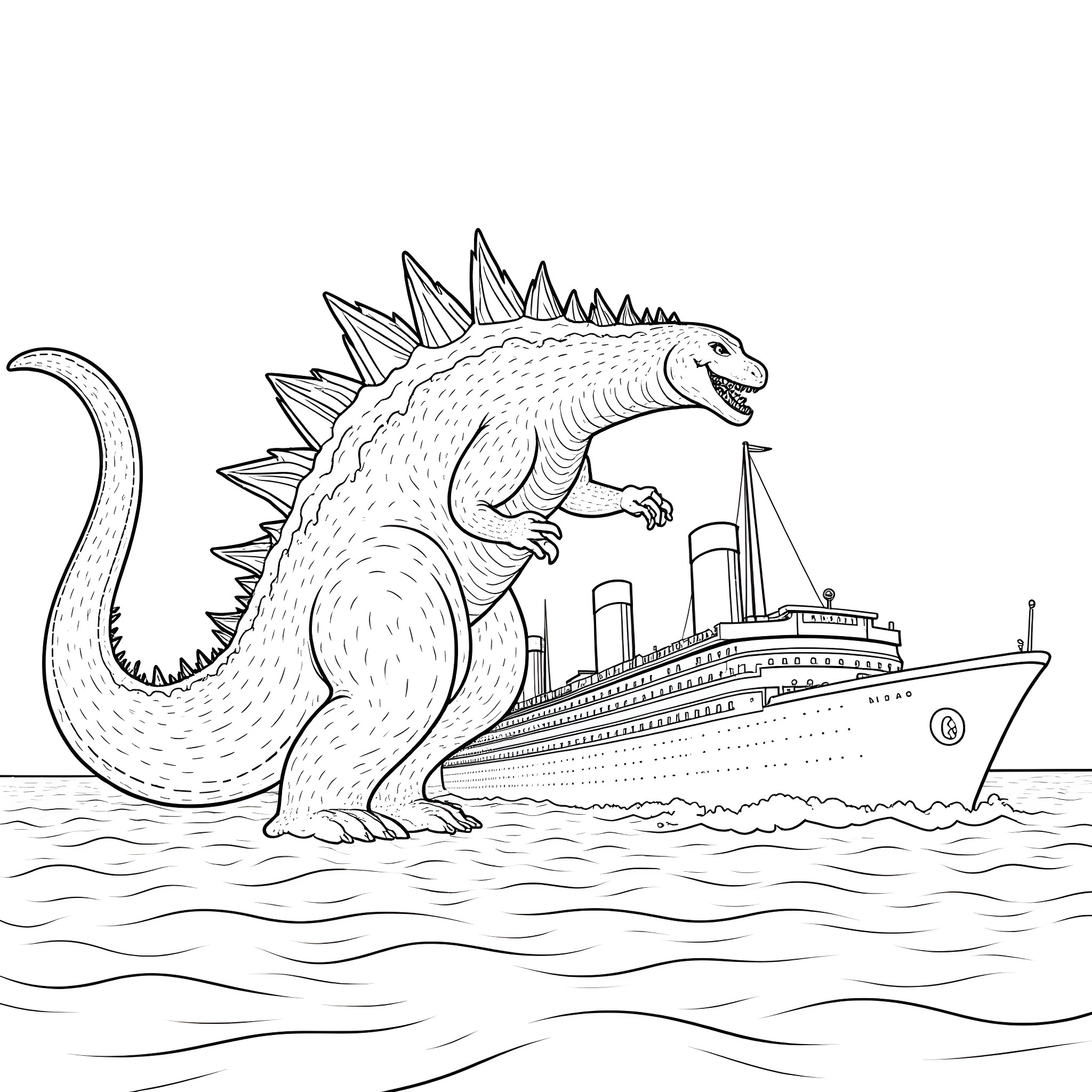 Godzilla Confronts a Massive Ocean Liner Coloring Page (free black-and-white line drawing printable PDF for all, from beginners to advanced learners, including children, teens, adults, and seniors)