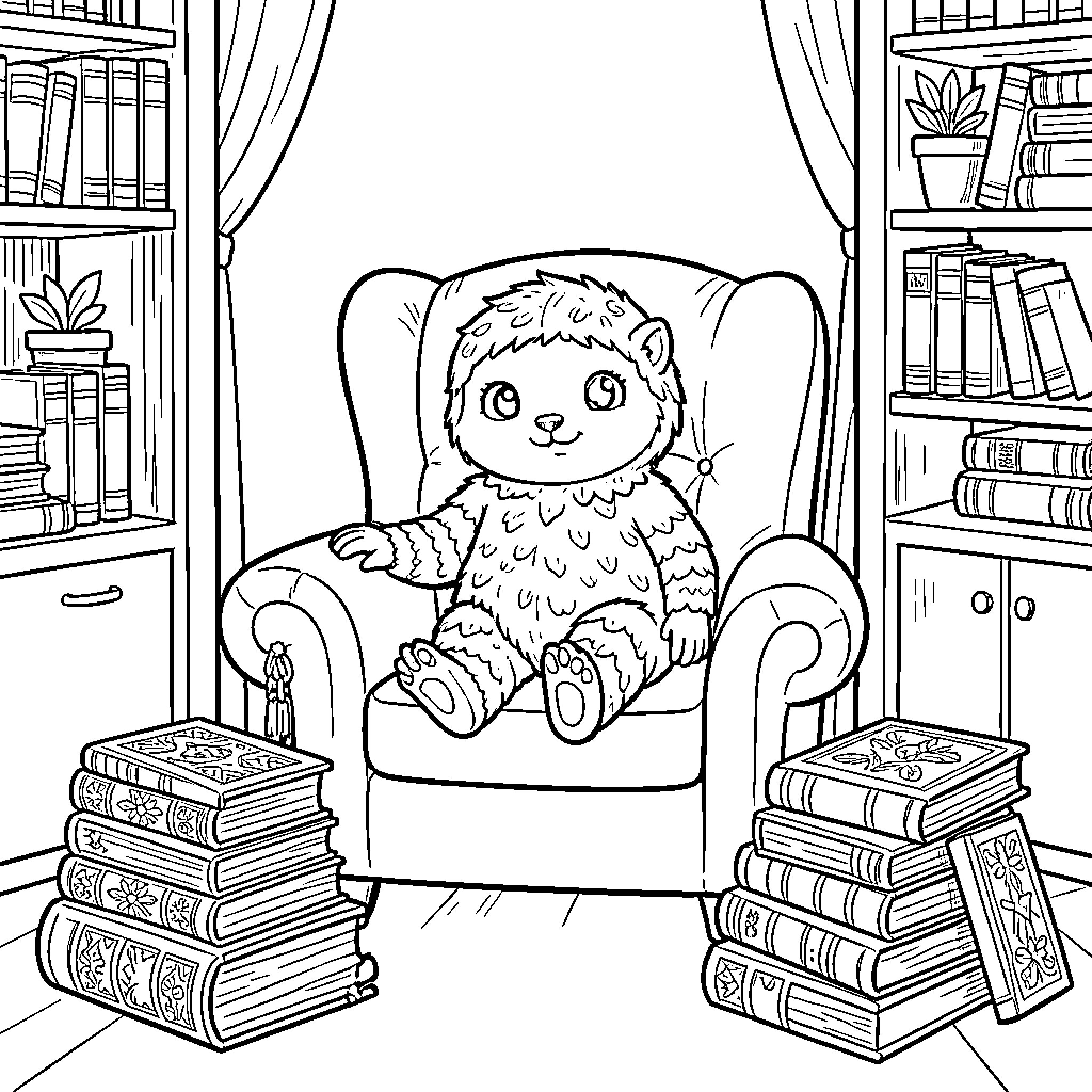 Bookworm sitting cozy in an armchair surrounded by books Coloring Page (free black-and-white line drawing printable PDF for all, from beginners to advanced learners, including children, teens, adults, and seniors)
