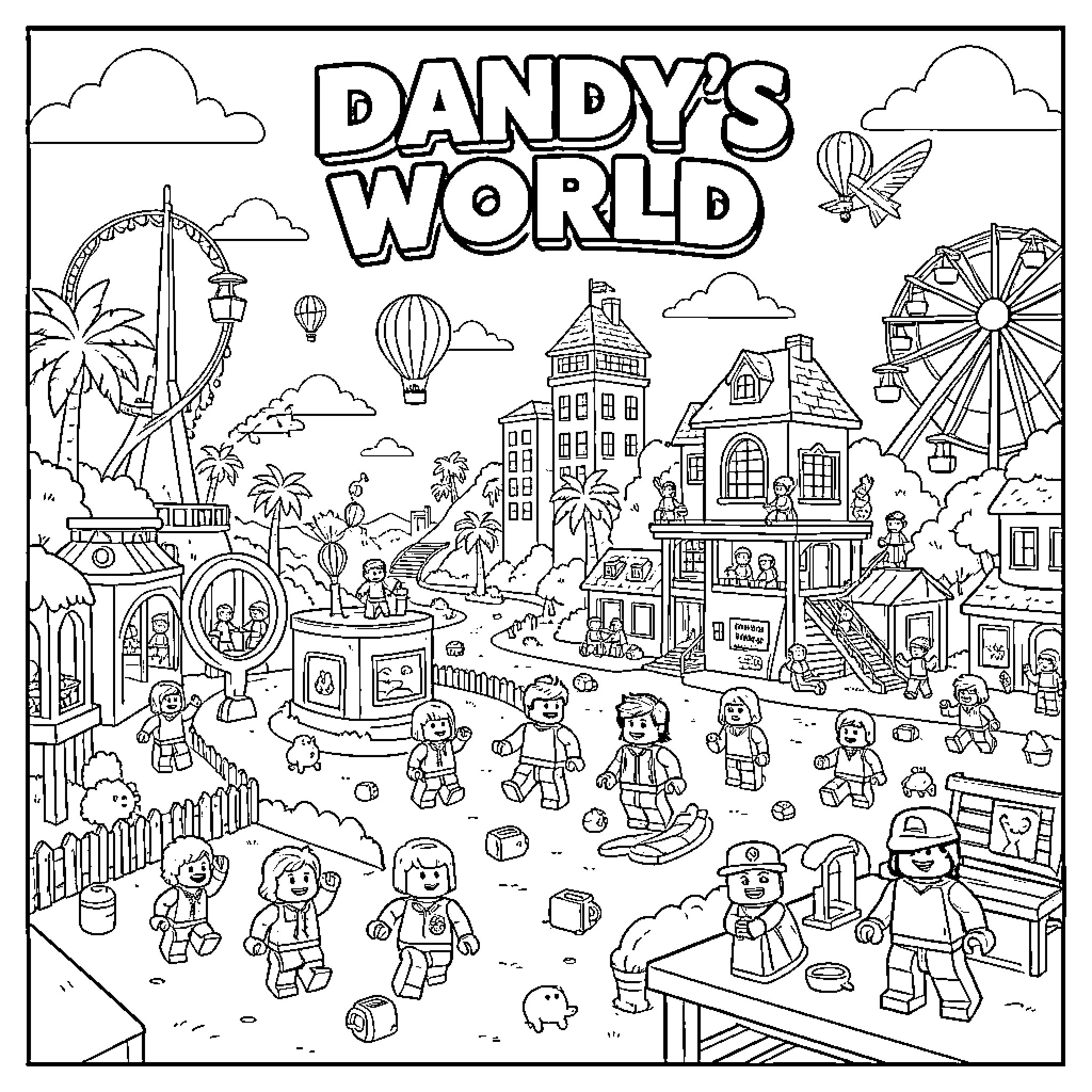 Dandy's World: A Lively and Whimsical Scene Coloring Page (free black-and-white line drawing printable PDF for all, from beginners to advanced learners, including children, teens, adults, and seniors)