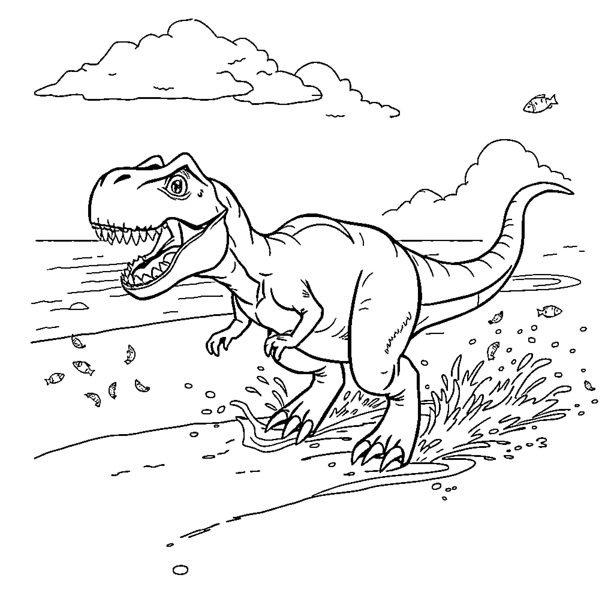 T-Rex Chasing Prey in Prehistoric Landscape Coloring Page (free black-and-white line drawing printable PDF for all, from beginners to advanced learners, including children, teens, adults, and seniors)