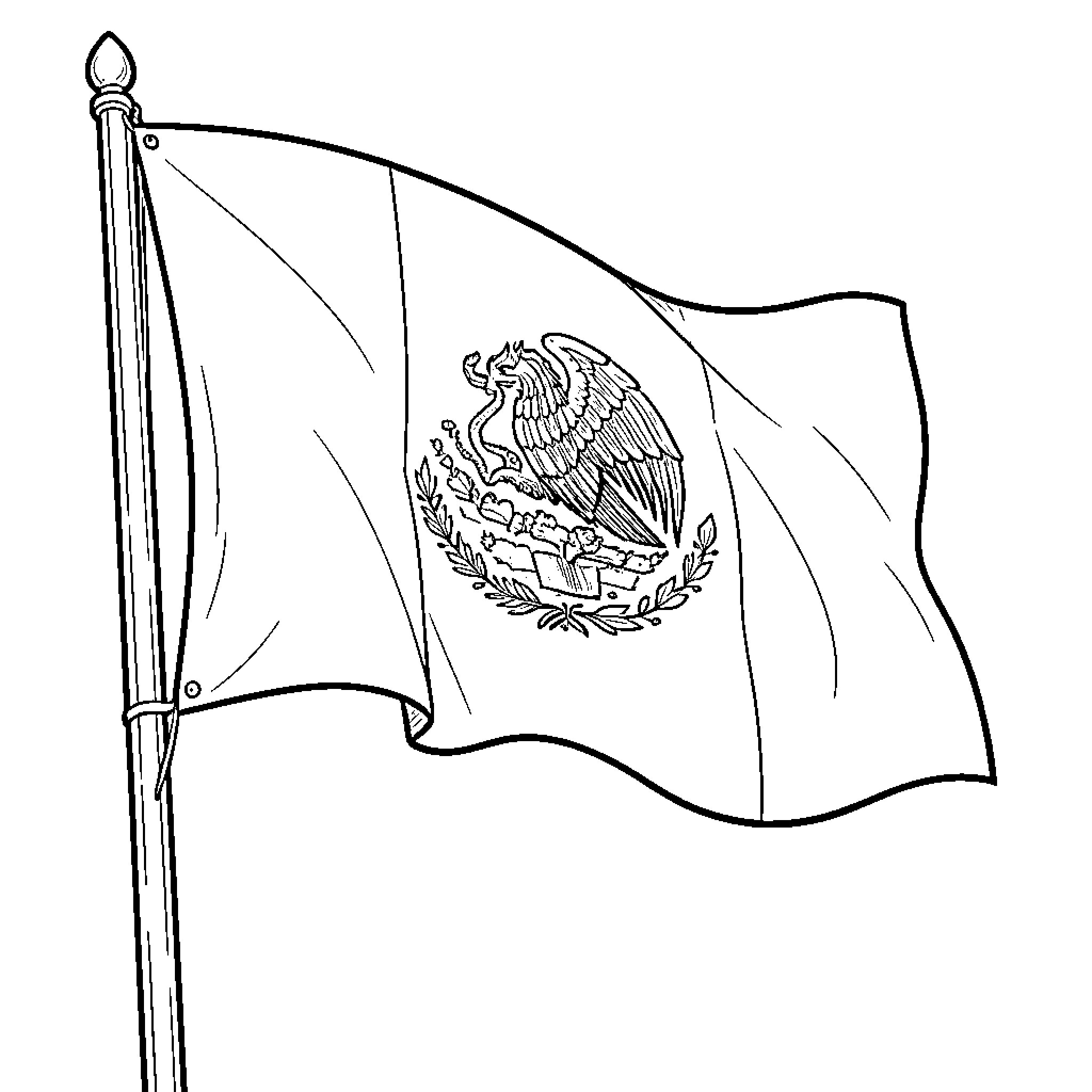 Mexico Flag waving proudly on a flagpole Coloring Page (free black-and-white line drawing printable PDF for all, from beginners to advanced learners, including children, teens, adults, and seniors)