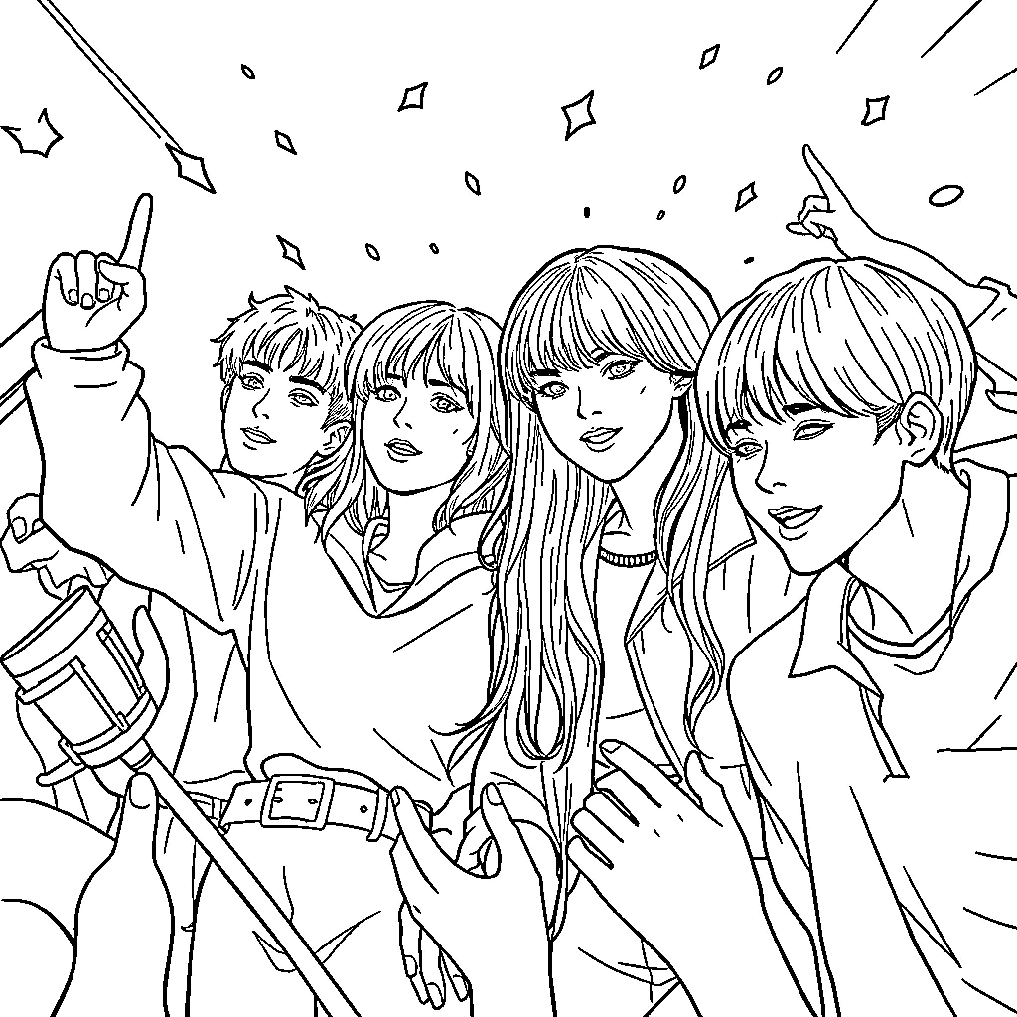 K Pop Stars Celebrating on Stage Coloring Page (free black-and-white line drawing printable PDF for all, from beginners to advanced learners, including children, teens, adults, and seniors)