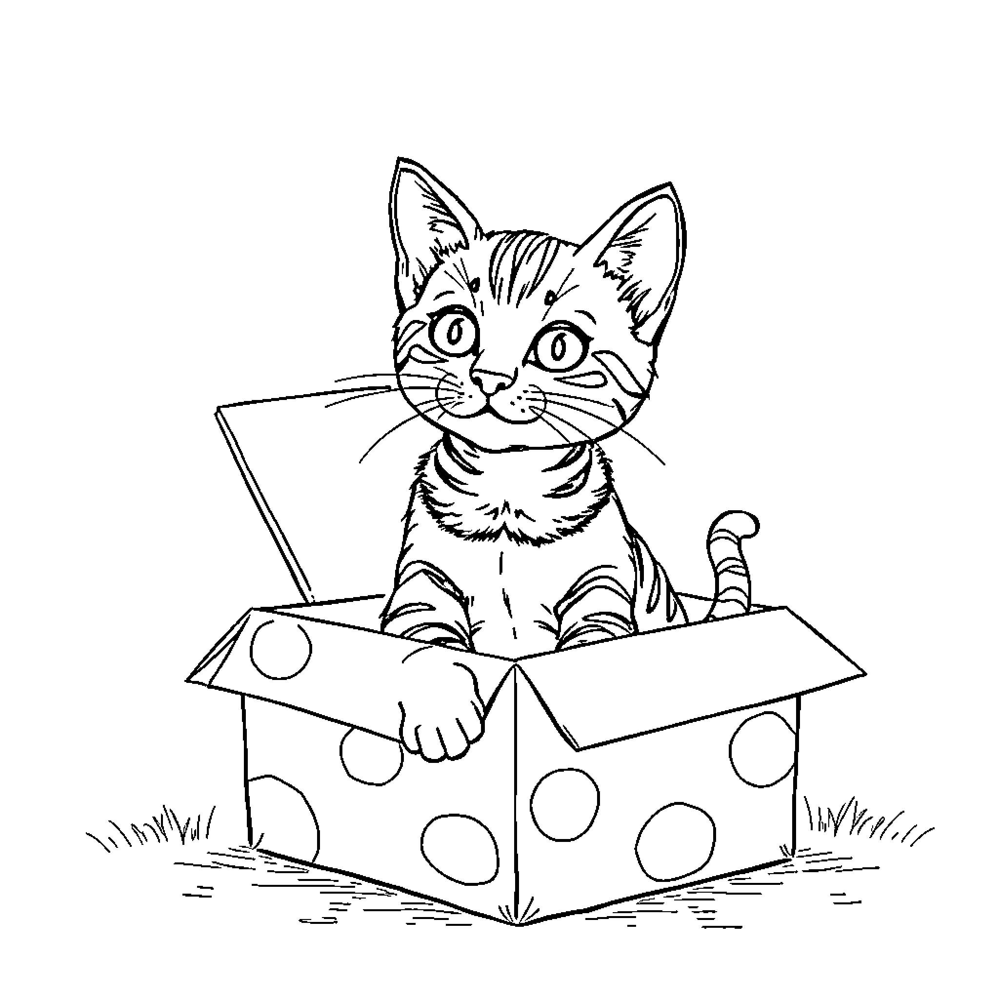 Bengal Cat in a Playful Box Coloring Page (free black-and-white line drawing printable PDF for all, from beginners to advanced learners, including children, teens, adults, and seniors)