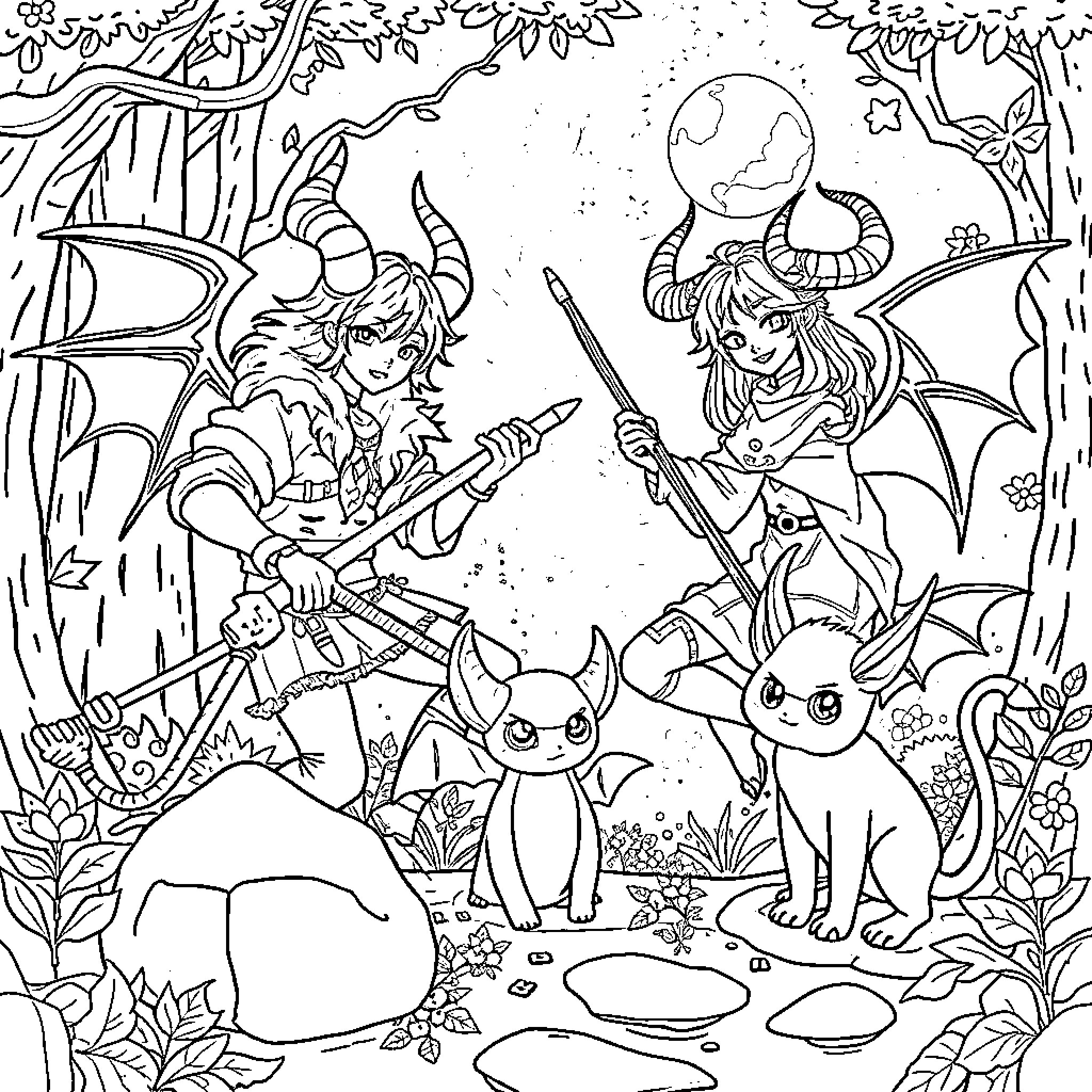 Kpop Demon Hunters in Fantastical Forest Adventure Coloring Page (free black-and-white line drawing printable PDF for all, from beginners to advanced learners, including children, teens, adults, and seniors)