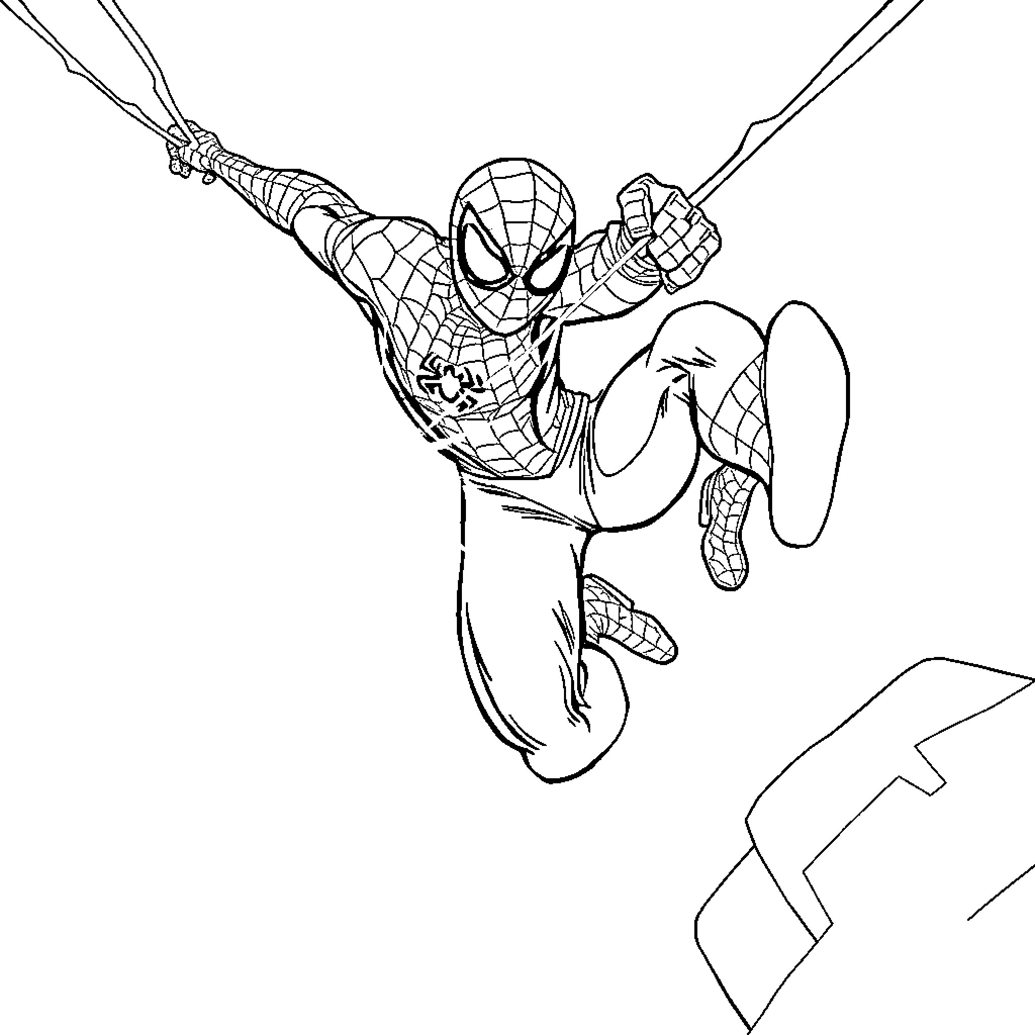 Spiderman swinging through the city with action and dynamism Coloring Page (free black-and-white line drawing printable PDF for all, from beginners to advanced learners, including children, teens, adults, and seniors)