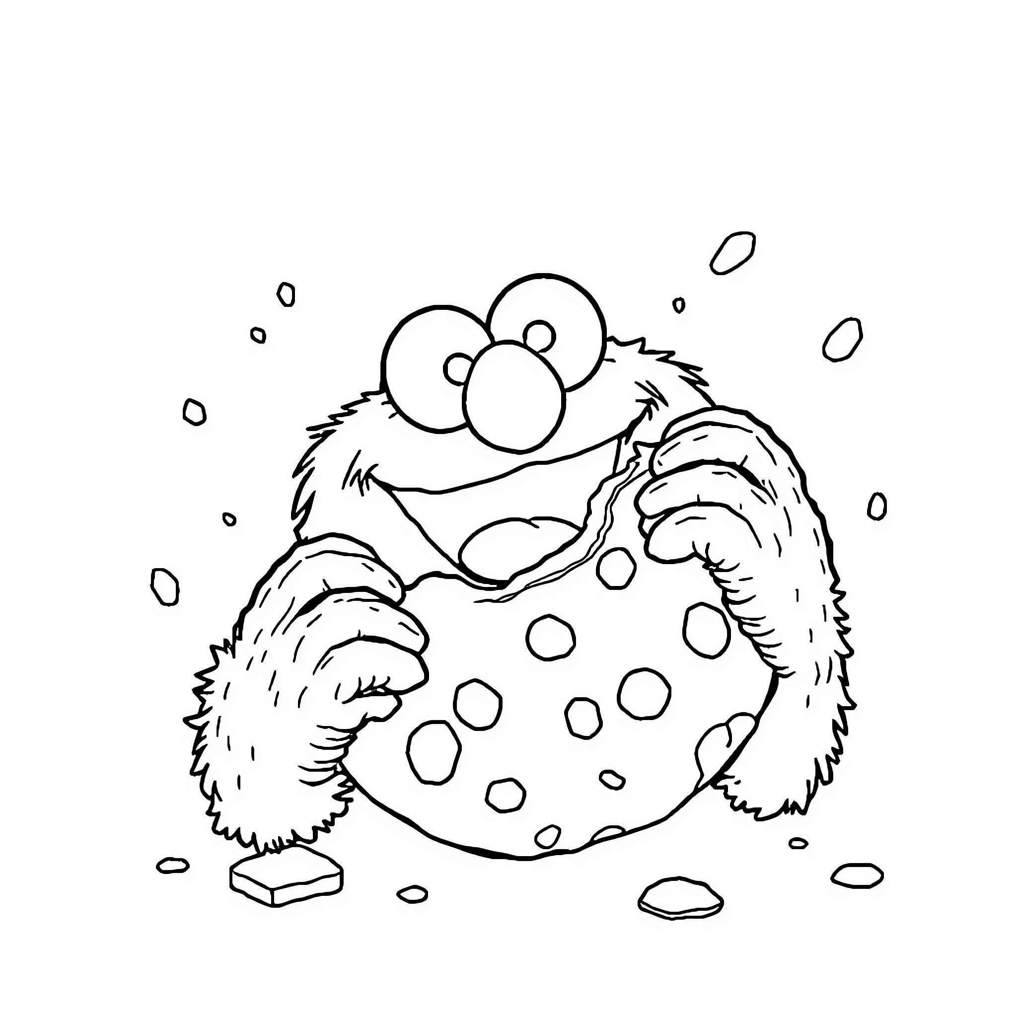 Cookie Monster enjoying a cookie and bubbles Coloring Page (free black-and-white line drawing printable PDF for all, from beginners to advanced learners, including children, teens, adults, and seniors)
