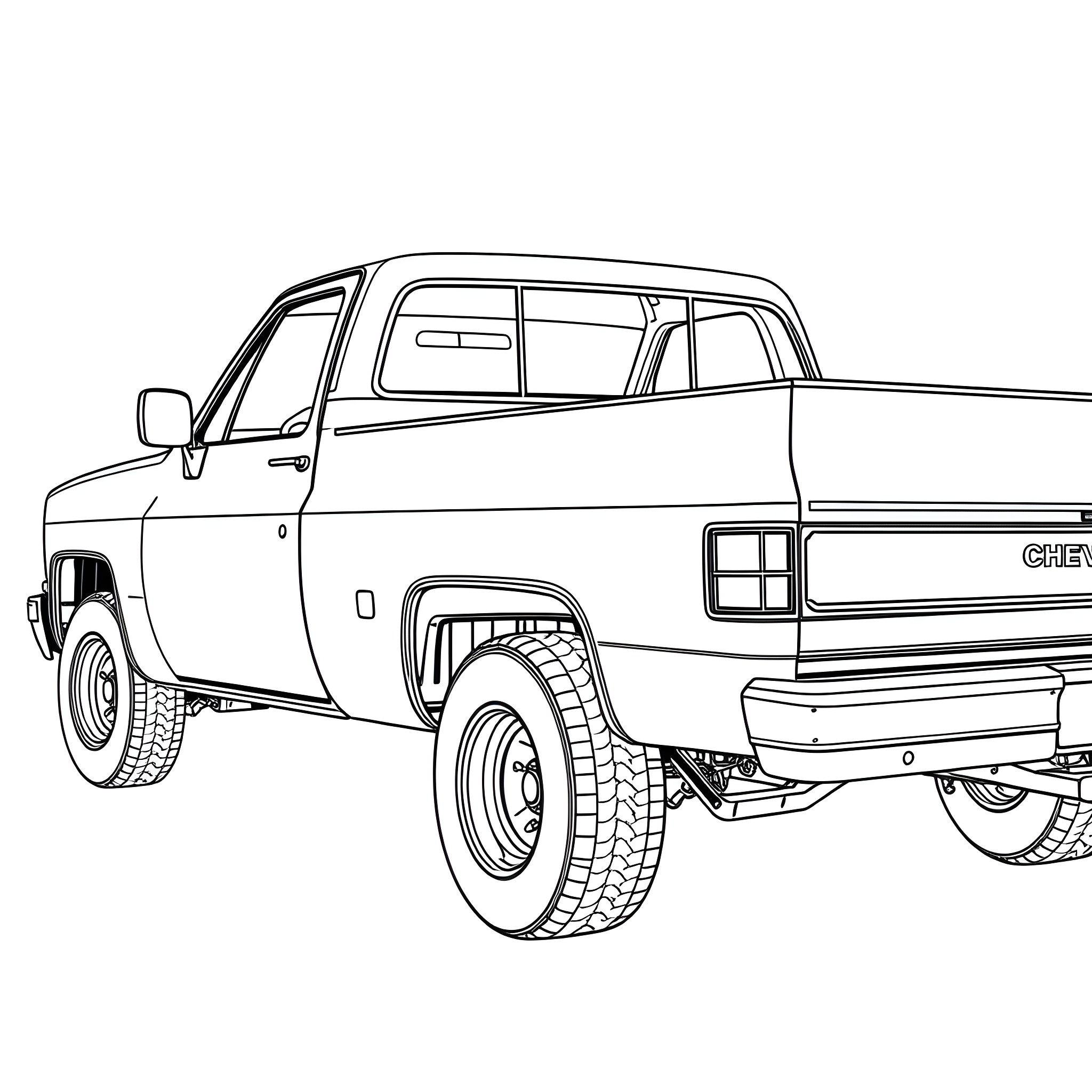 Chevy Truck in Robust Outdoor Terrain Coloring Page (free black-and-white line drawing printable PDF for all, from beginners to advanced learners, including children, teens, adults, and seniors)