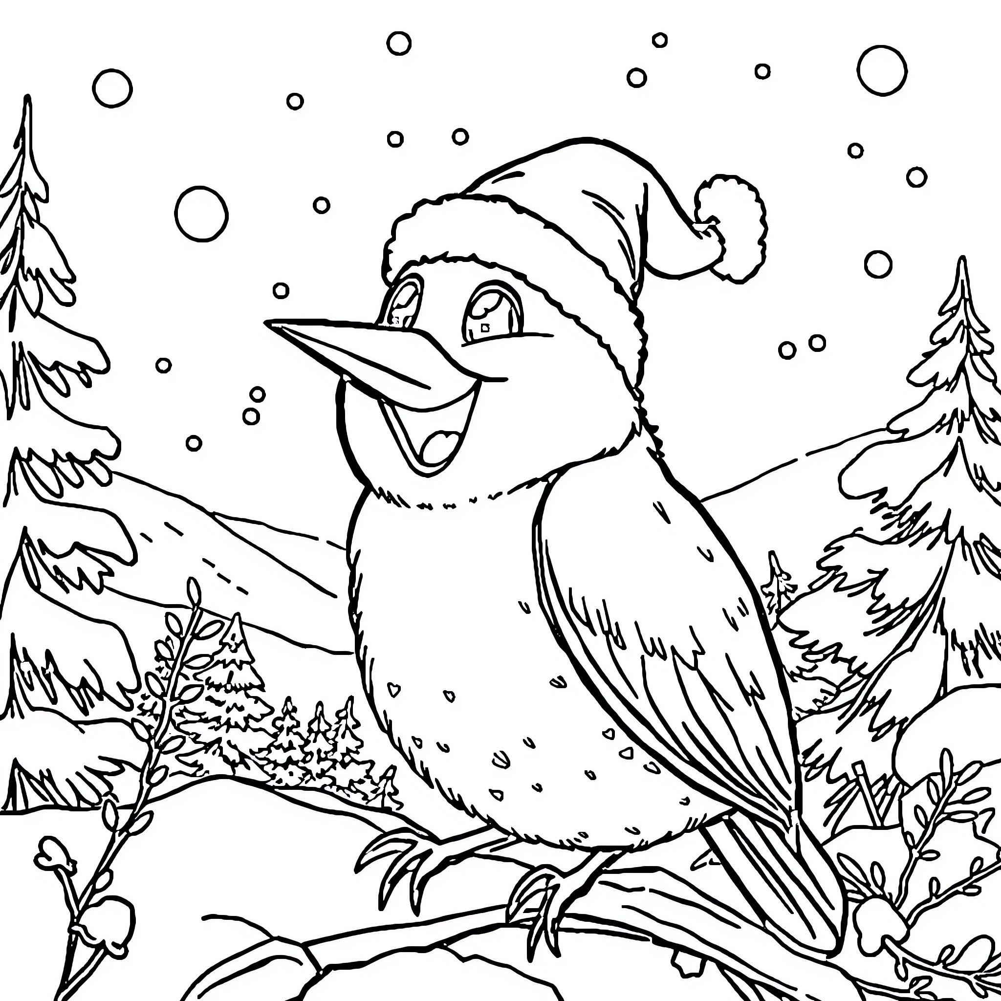 Patrol Winter Landscape with Cheerful Bird Coloring Page (free black-and-white line drawing printable PDF for all, from beginners to advanced learners, including children, teens, adults, and seniors)