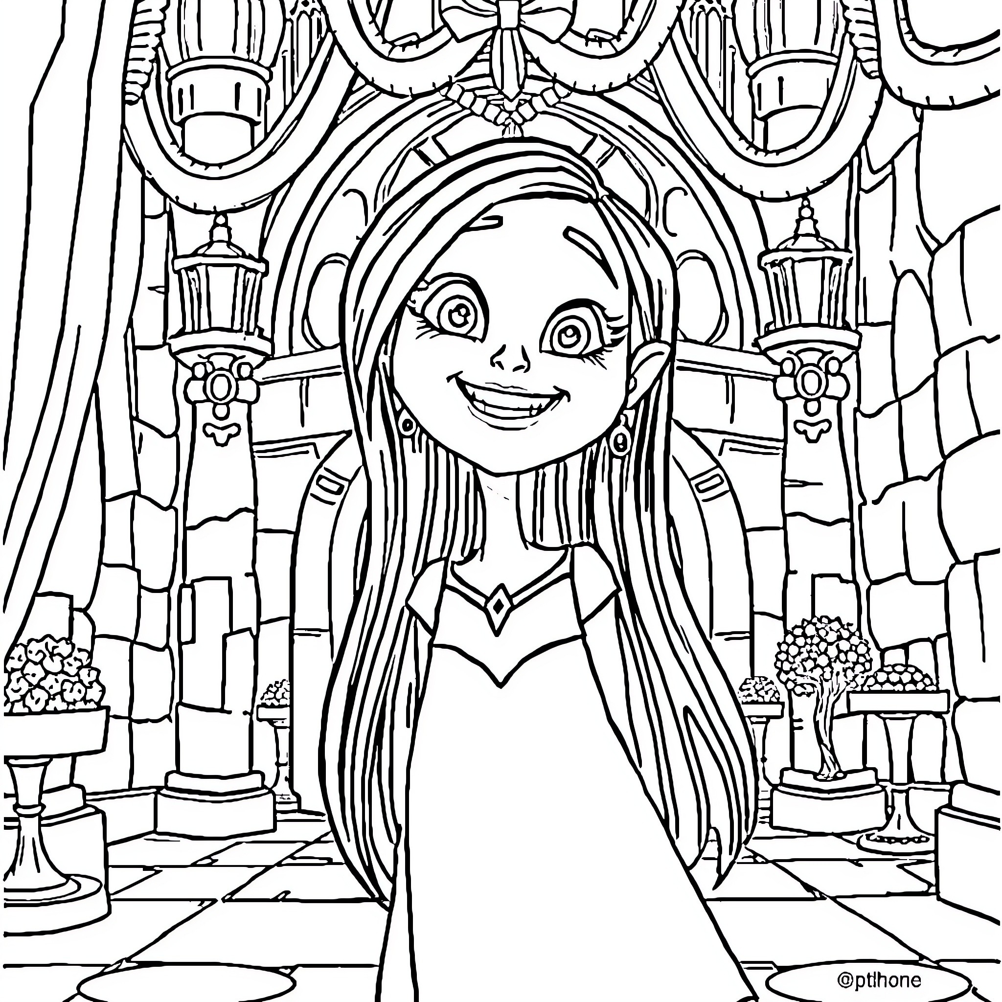 Mavis posing happily in an ornate castle setting Coloring Page (free black-and-white line drawing printable PDF for all, from beginners to advanced learners, including children, teens, adults, and seniors)