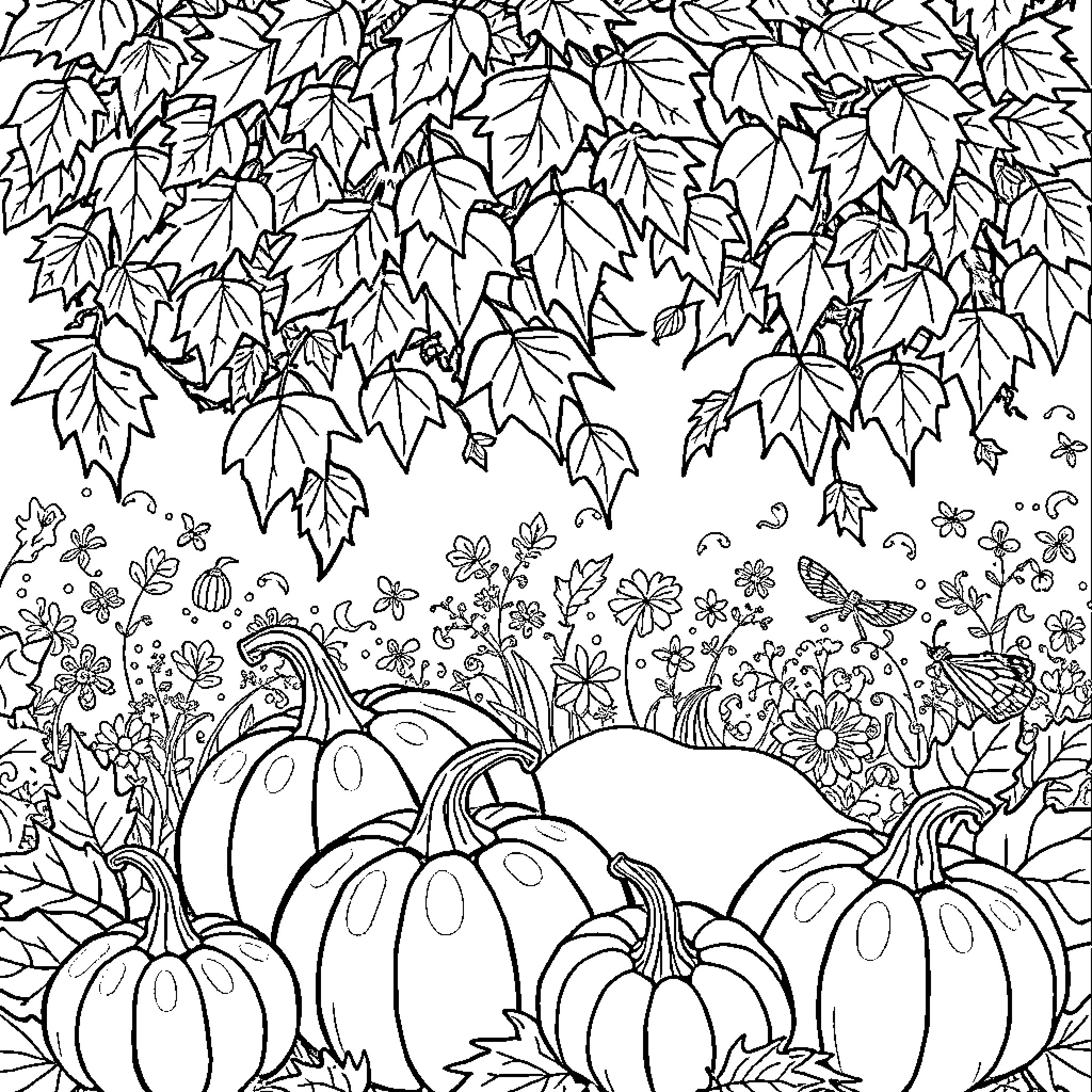 Leaf Pattern with Pumpkin Scene Coloring Page (free black-and-white line drawing printable PDF for all, from beginners to advanced learners, including children, teens, adults, and seniors)